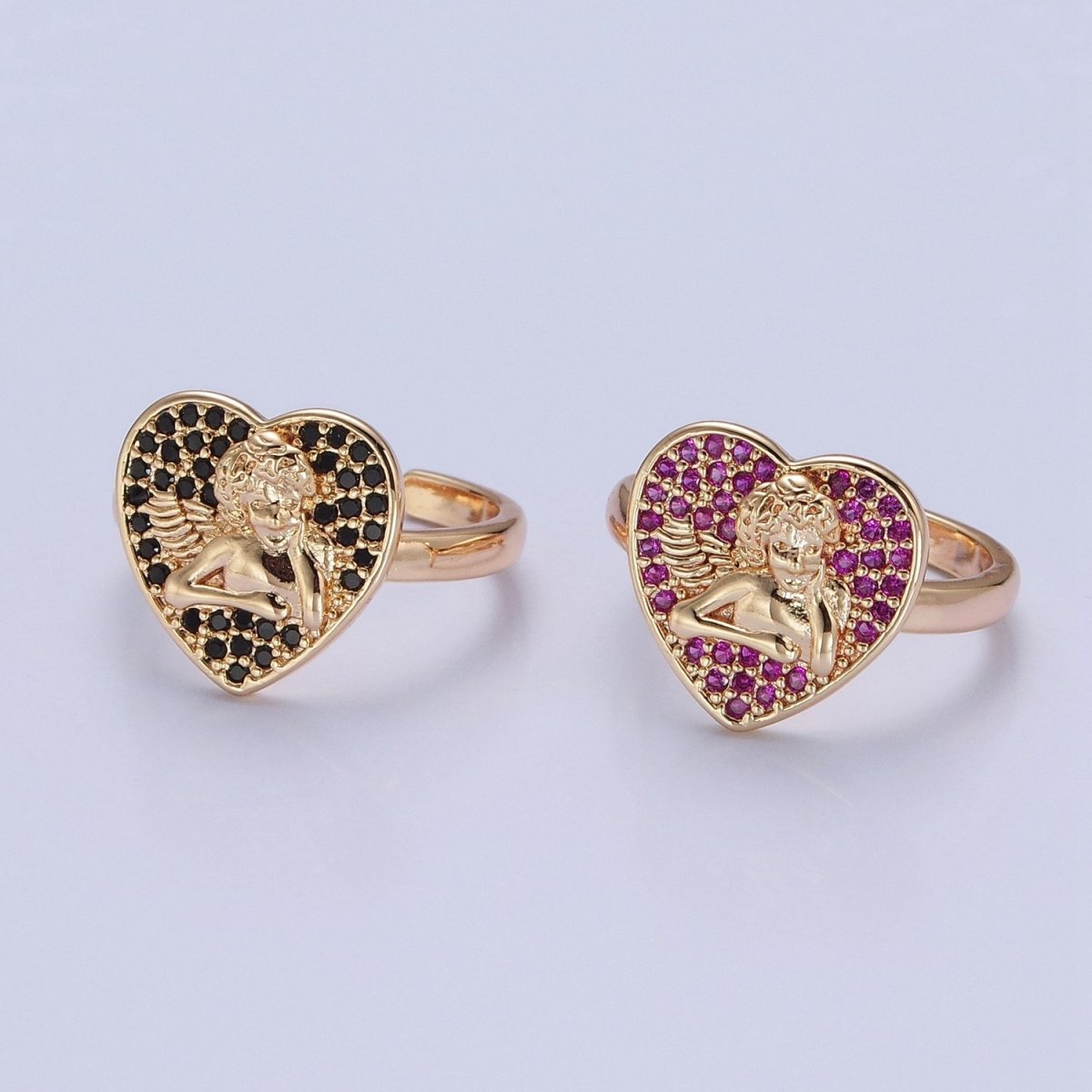 Adjustable heart cherub ring Pave Pink, Black CZ heart angel cherub ring Statement Ring O-747 O-748