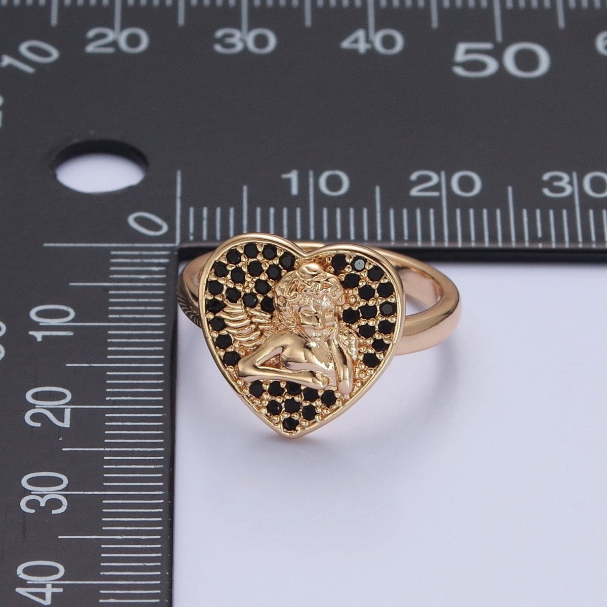 Adjustable heart cherub ring Pave Pink, Black CZ heart angel cherub ring Statement Ring O-747 O-748