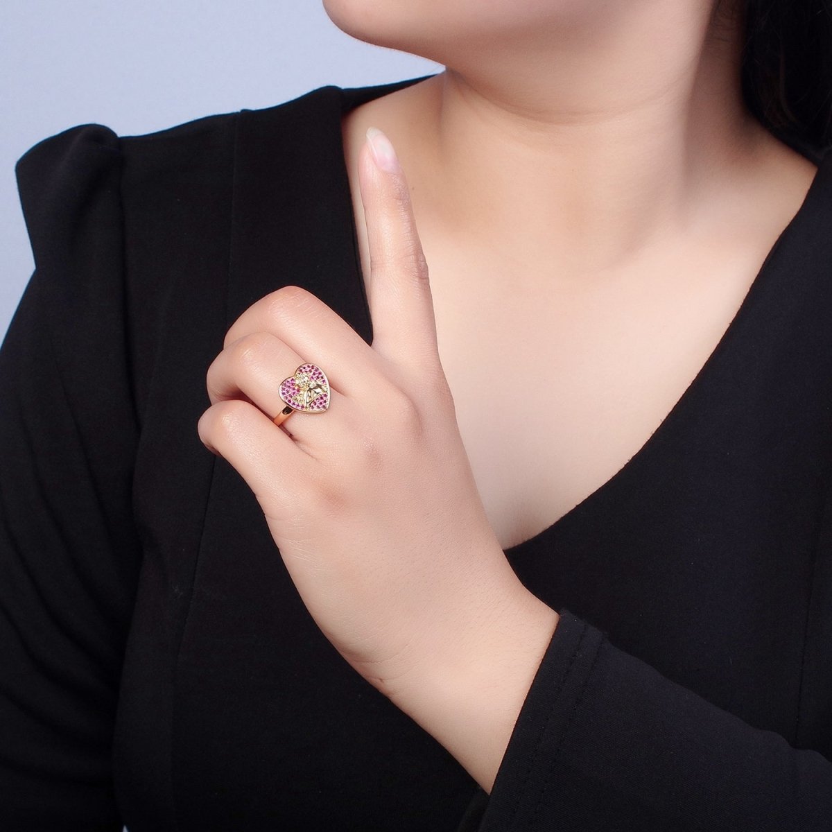 Adjustable heart cherub ring Pave Pink, Black CZ heart angel cherub ring Statement Ring O-747 O-748