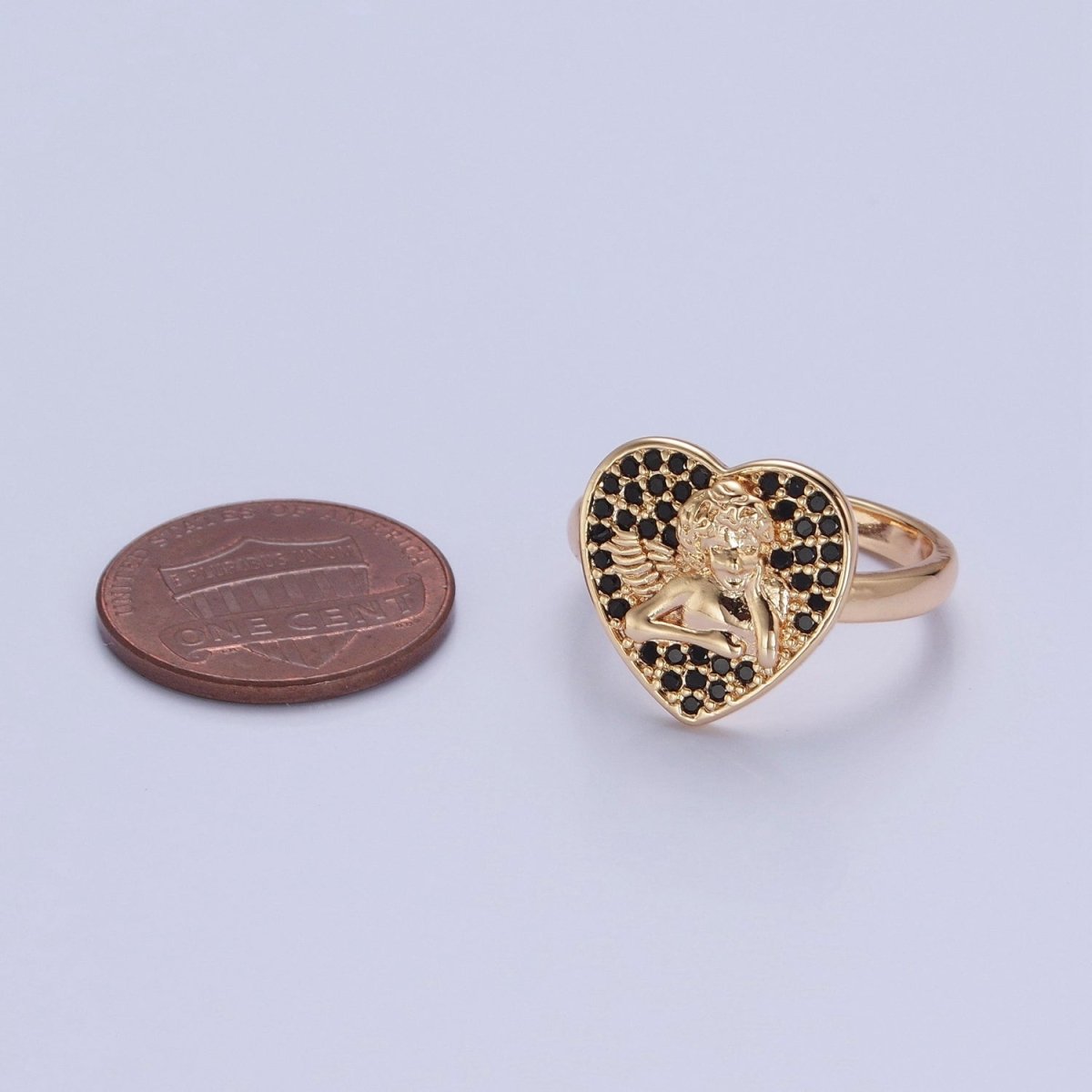 Adjustable heart cherub ring Pave Pink, Black CZ heart angel cherub ring Statement Ring O-747 O-748