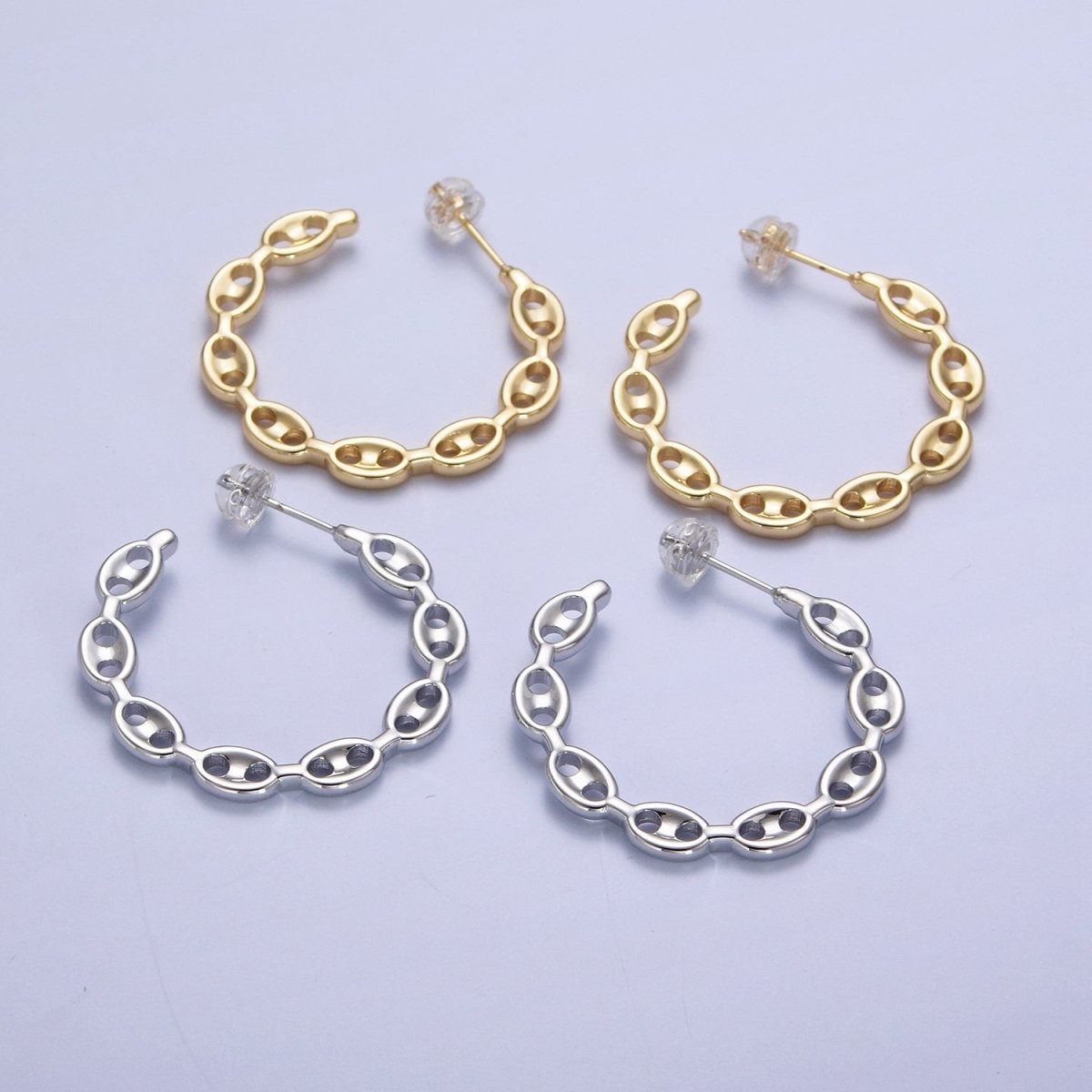 Anchor Mariner Chain Link C Shaped Hoop Stud Earrings in Gold & Silver | AD-530 AD-531