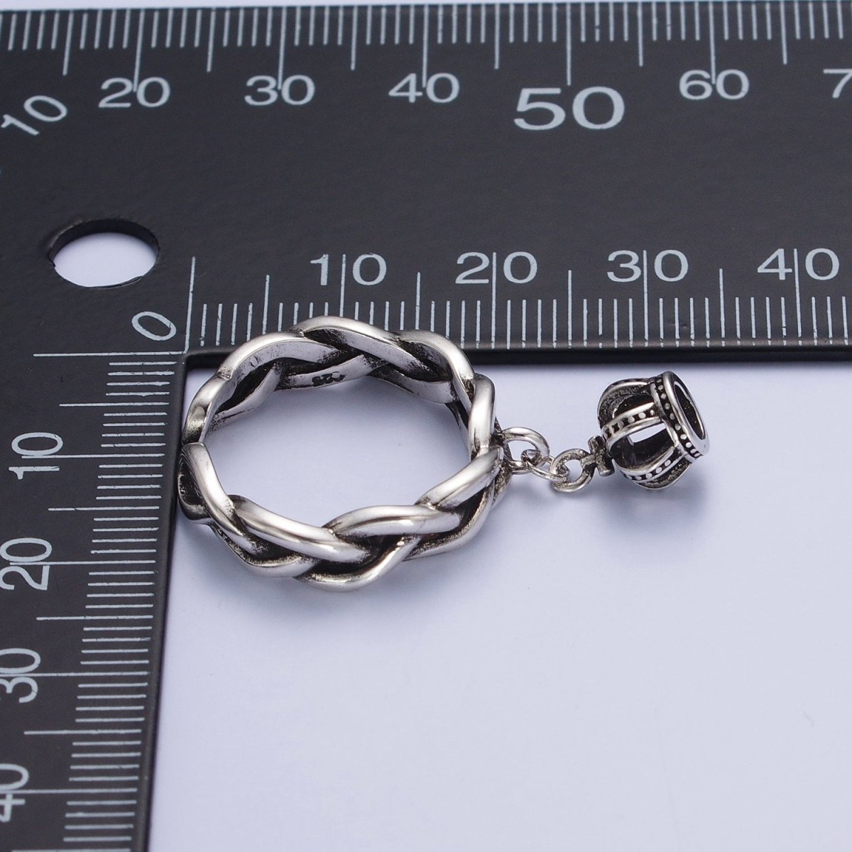 Antique Silver Braided Twist Rope Chain Link with Royal Crown Dangle Charm Adjustable Silver Ring | X-552 - DLUXCA
