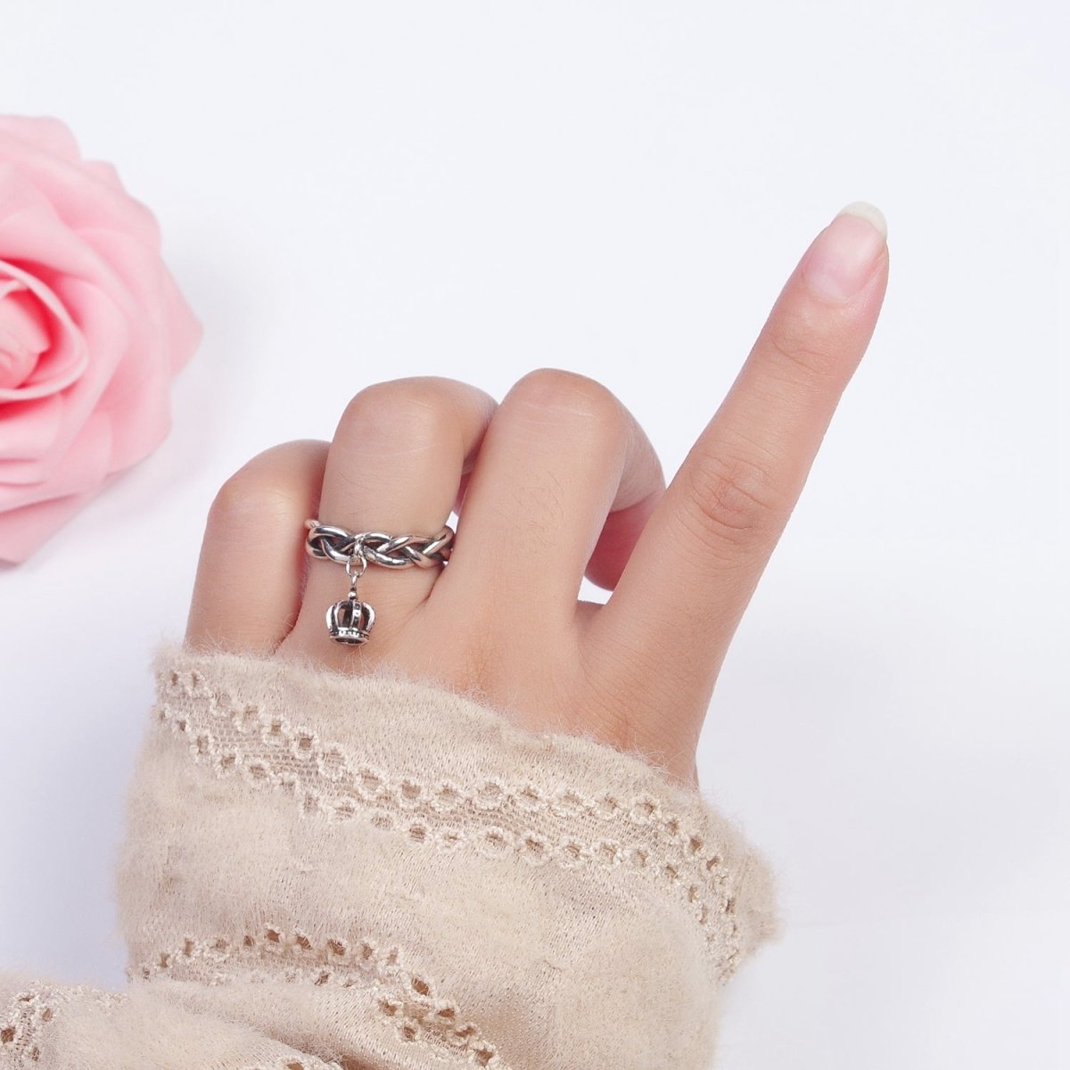 Antique Silver Braided Twist Rope Chain Link with Royal Crown Dangle Charm Adjustable Silver Ring | X-552 - DLUXCA