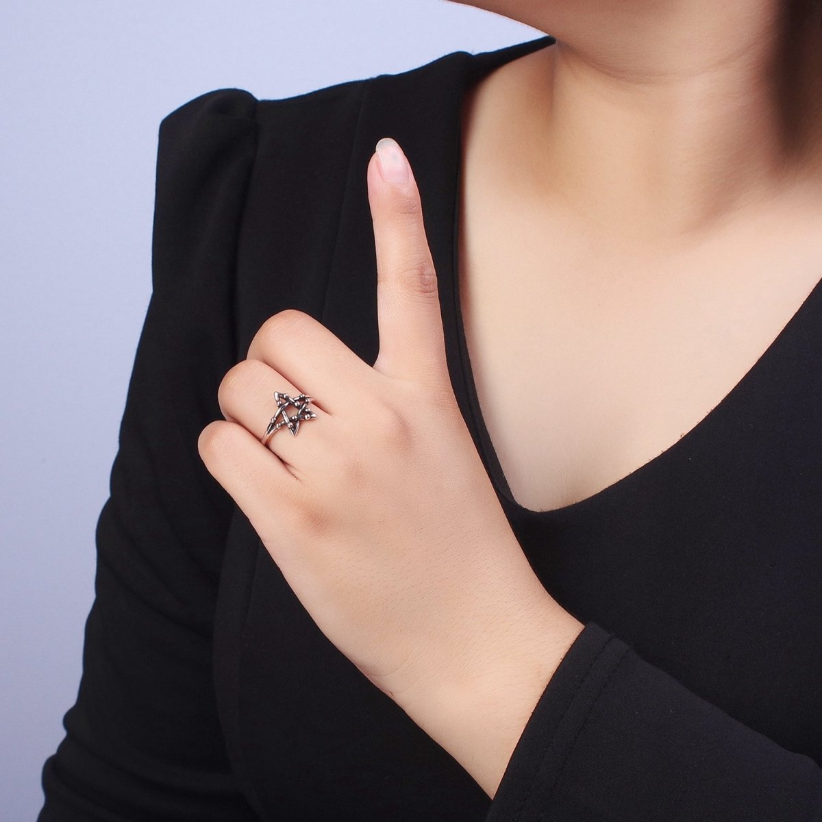 OS Antique Silver Celestial Five Pointed Star Beaded Bubble Adjustable Silver Ring | S-253