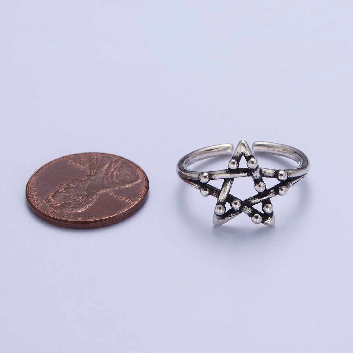 OS Antique Silver Celestial Five Pointed Star Beaded Bubble Adjustable Silver Ring | S-253