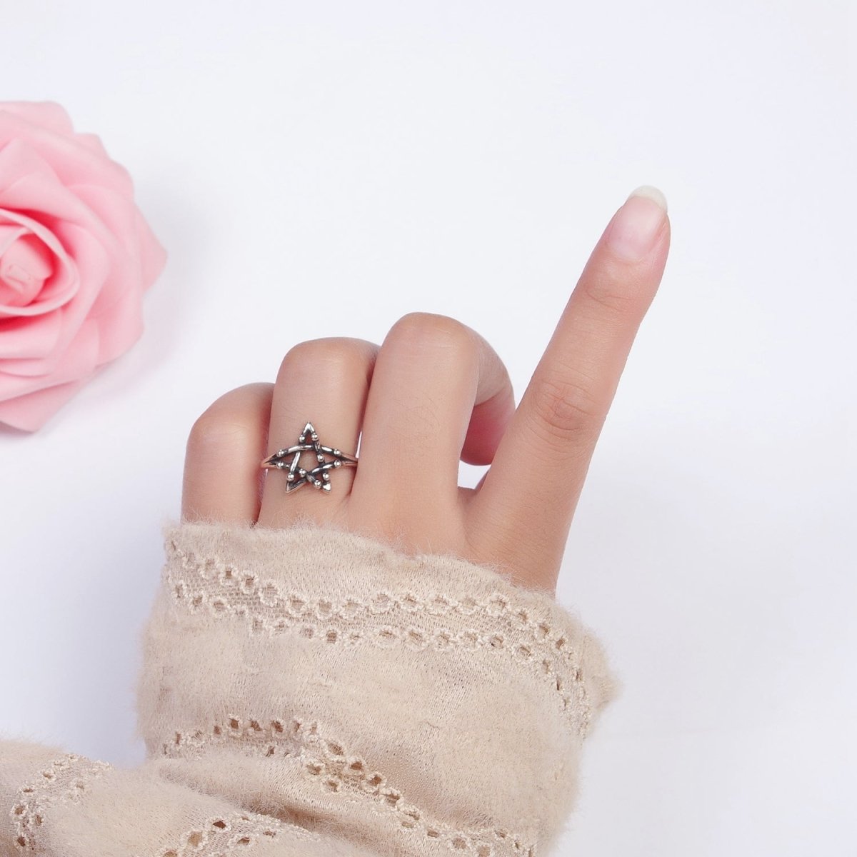 OS Antique Silver Celestial Five Pointed Star Beaded Bubble Adjustable Silver Ring | S-253