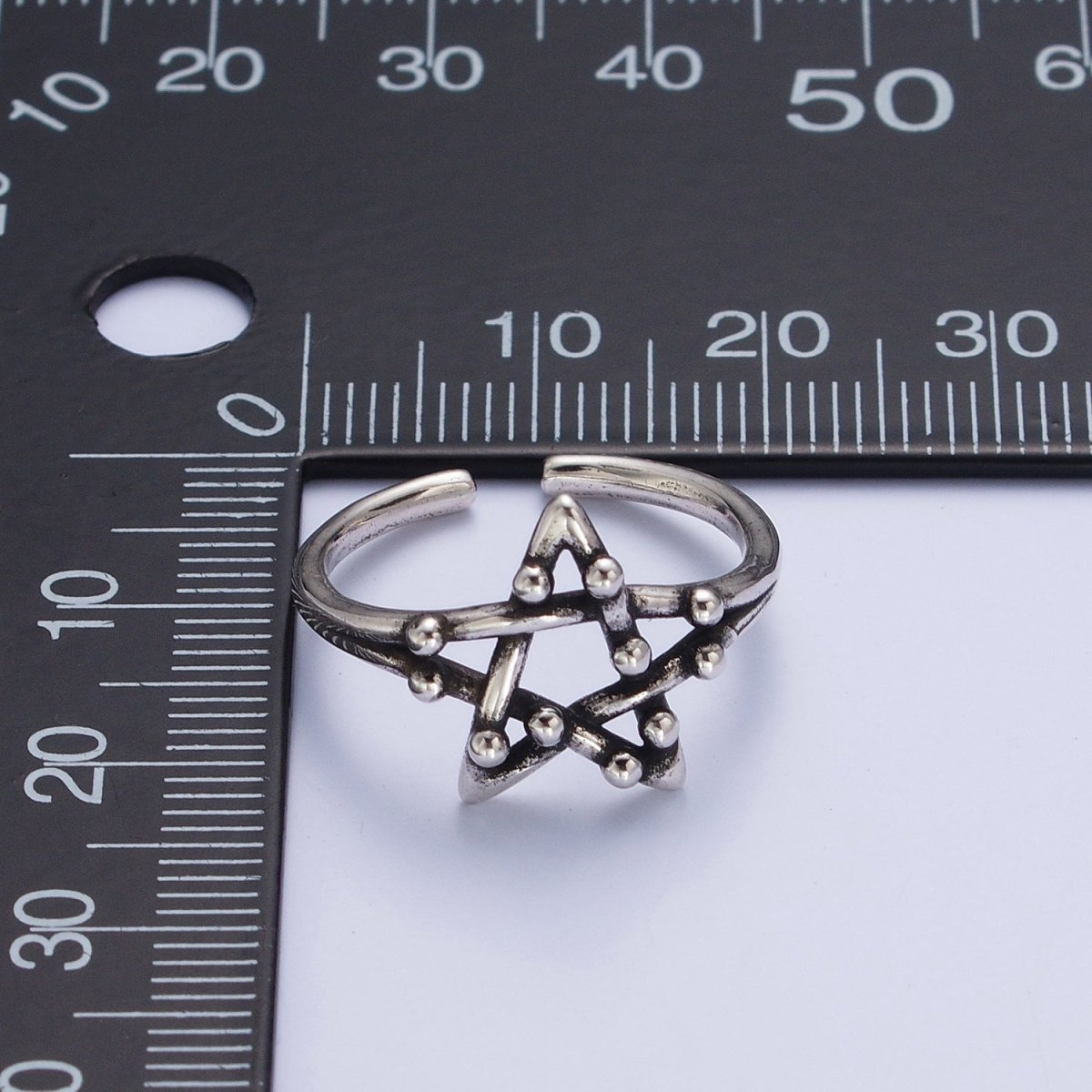 OS Antique Silver Celestial Five Pointed Star Beaded Bubble Adjustable Silver Ring | S-253