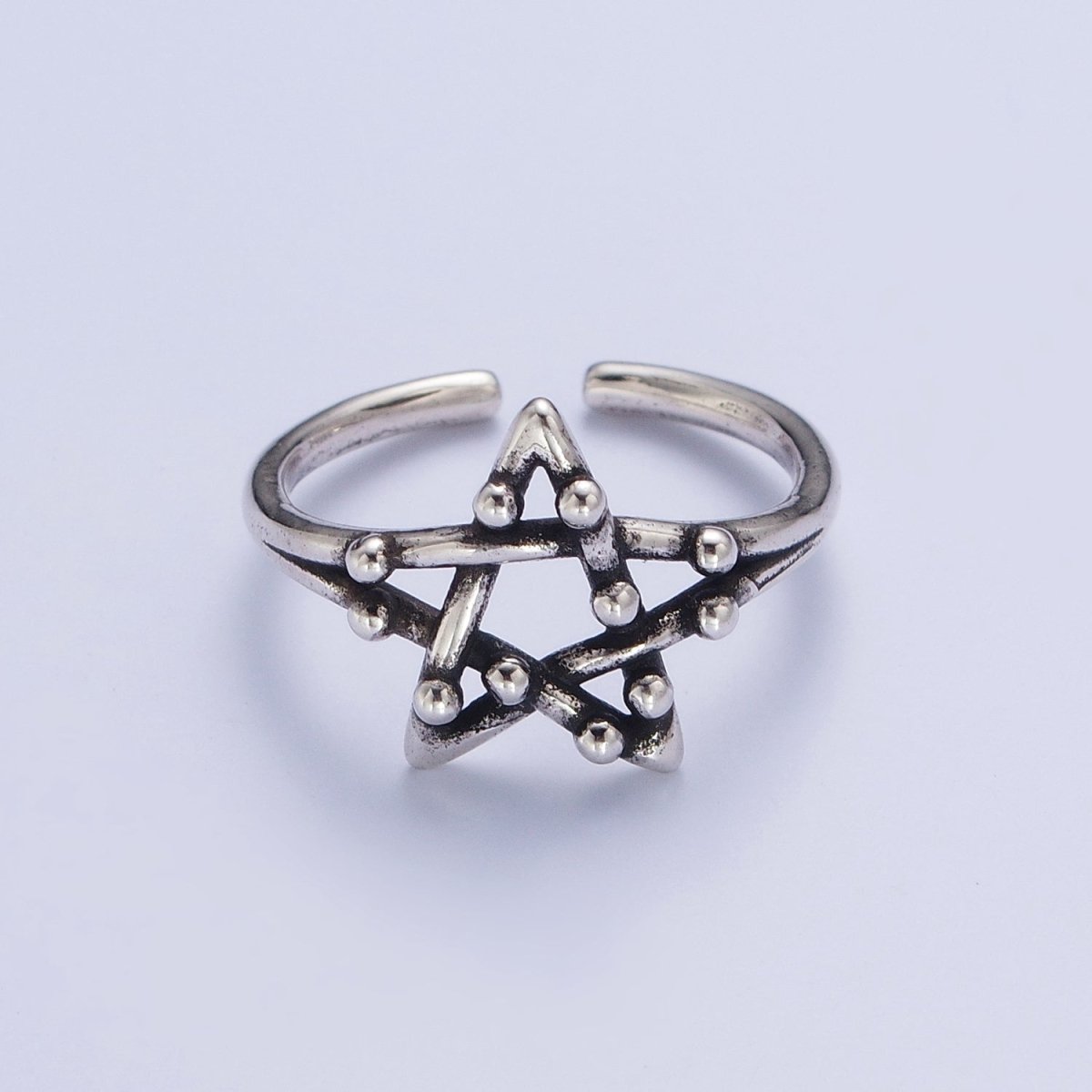 OS Antique Silver Celestial Five Pointed Star Beaded Bubble Adjustable Silver Ring | S-253