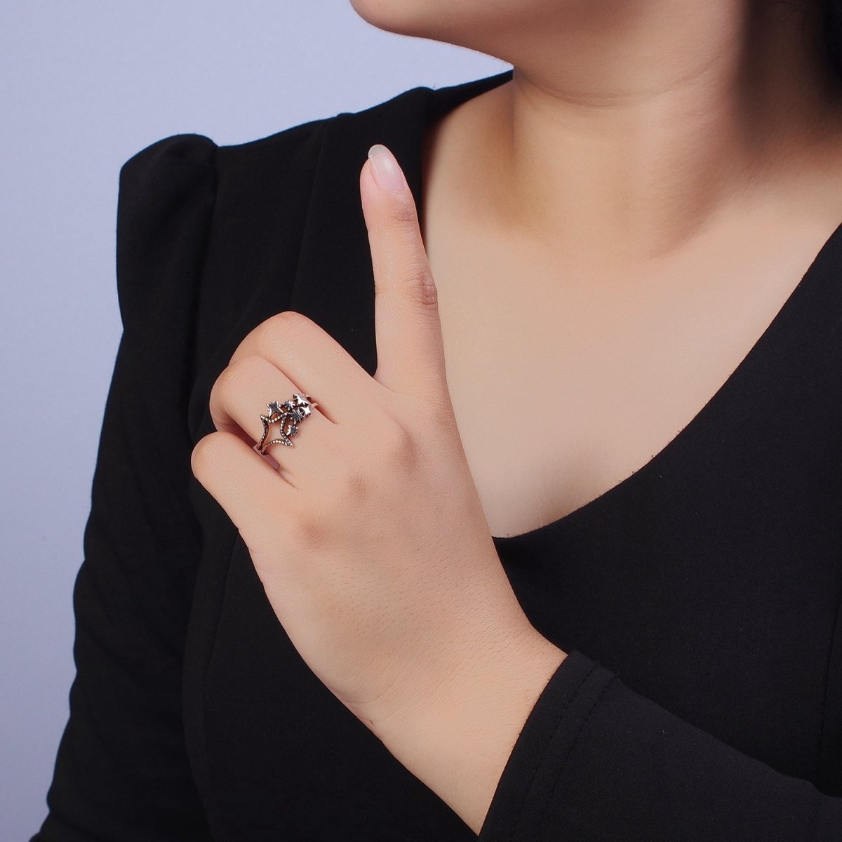 Antique Silver Celestial North Star Adjustable Double Band Silver Ring | U-071