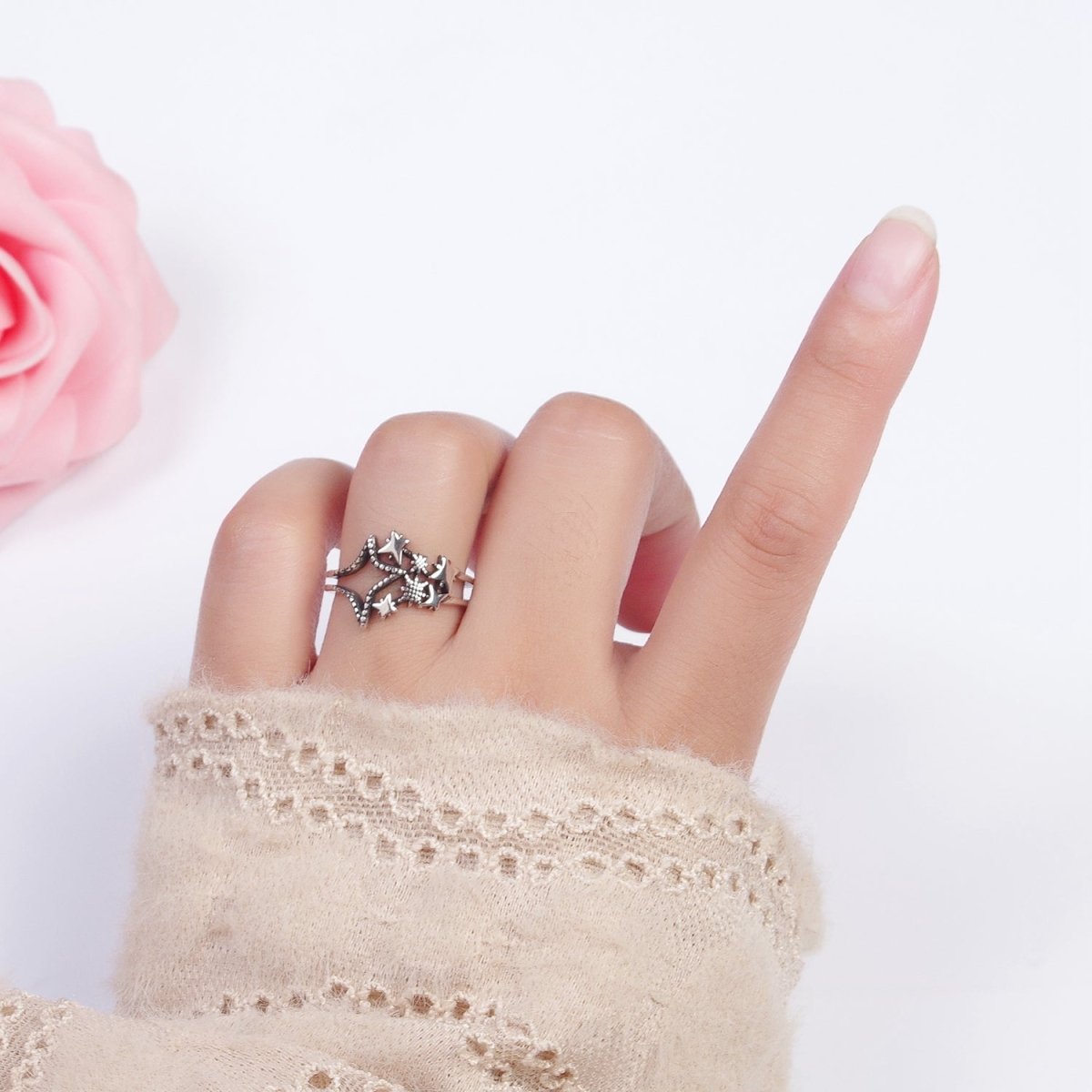 Antique Silver Celestial North Star Adjustable Double Band Silver Ring | U-071