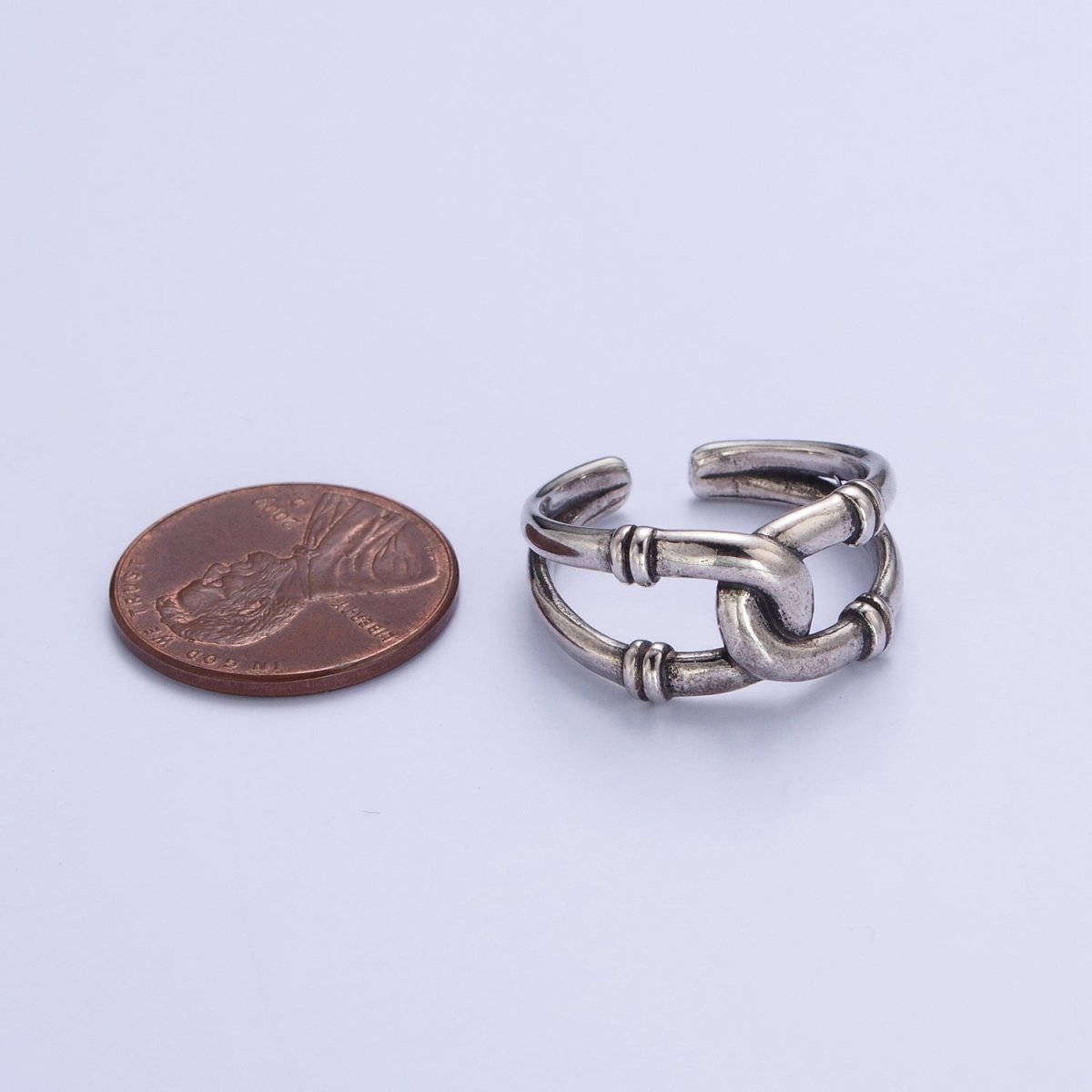 Antique Silver Connecting Tube Adjustable Silver Double Band Ring | X-555 - DLUXCA