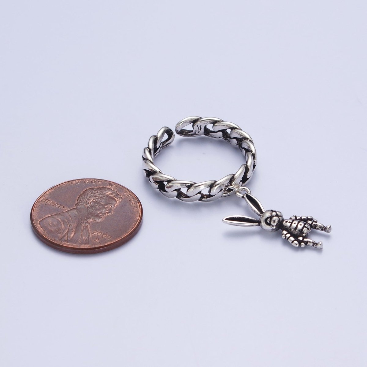Antique Silver Curb Chain Link with Rabbit Bunny Charm Adjustable Silver Ring | X-577 - DLUXCA