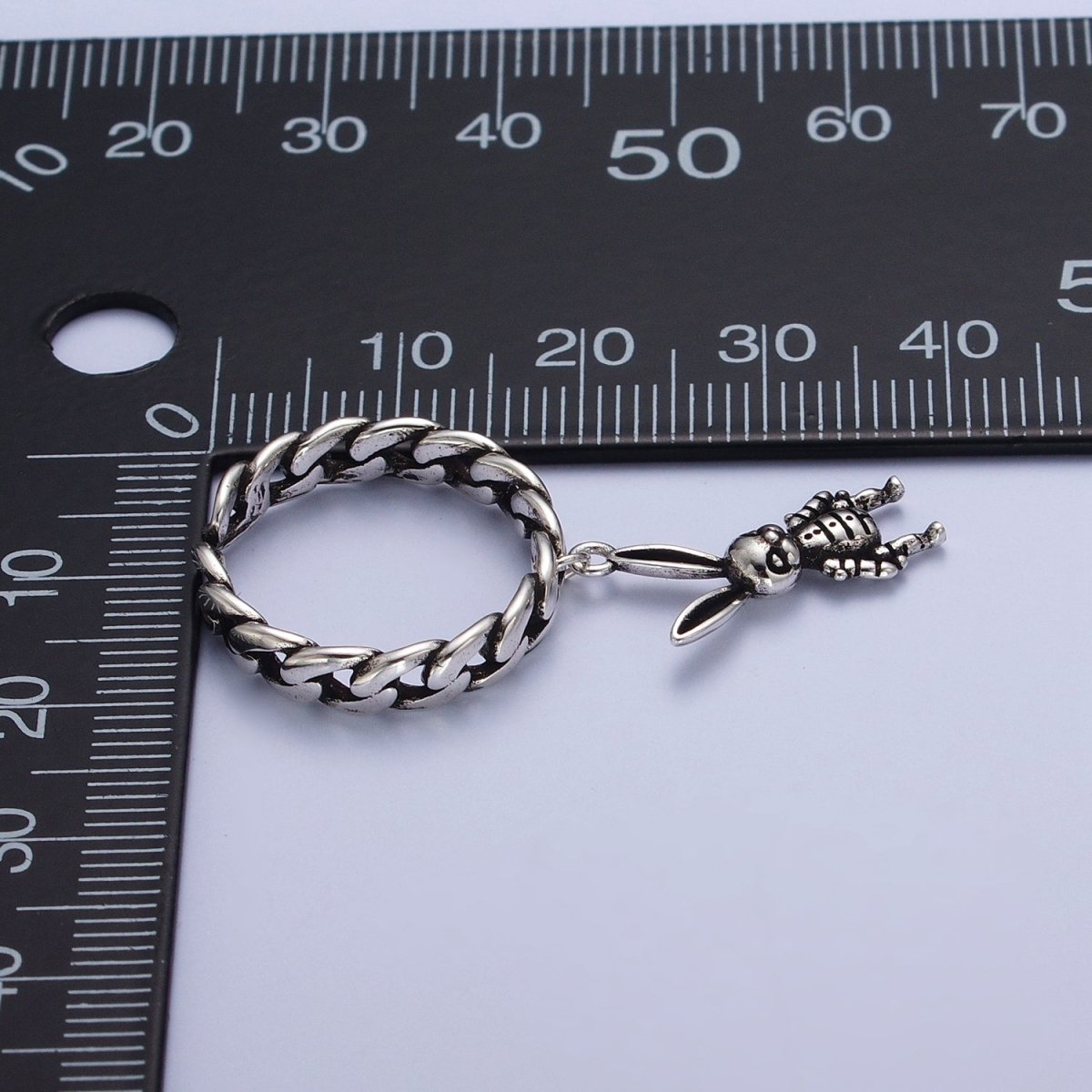 Antique Silver Curb Chain Link with Rabbit Bunny Charm Adjustable Silver Ring | X-577 - DLUXCA