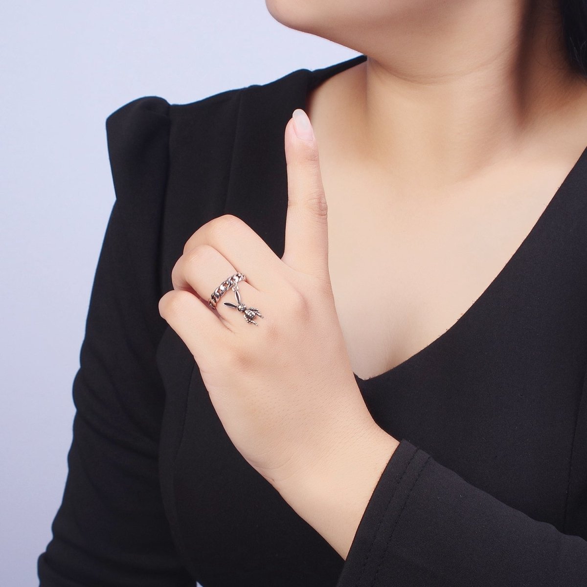 Antique Silver Curb Chain Link with Rabbit Bunny Charm Adjustable Silver Ring | X-577 - DLUXCA
