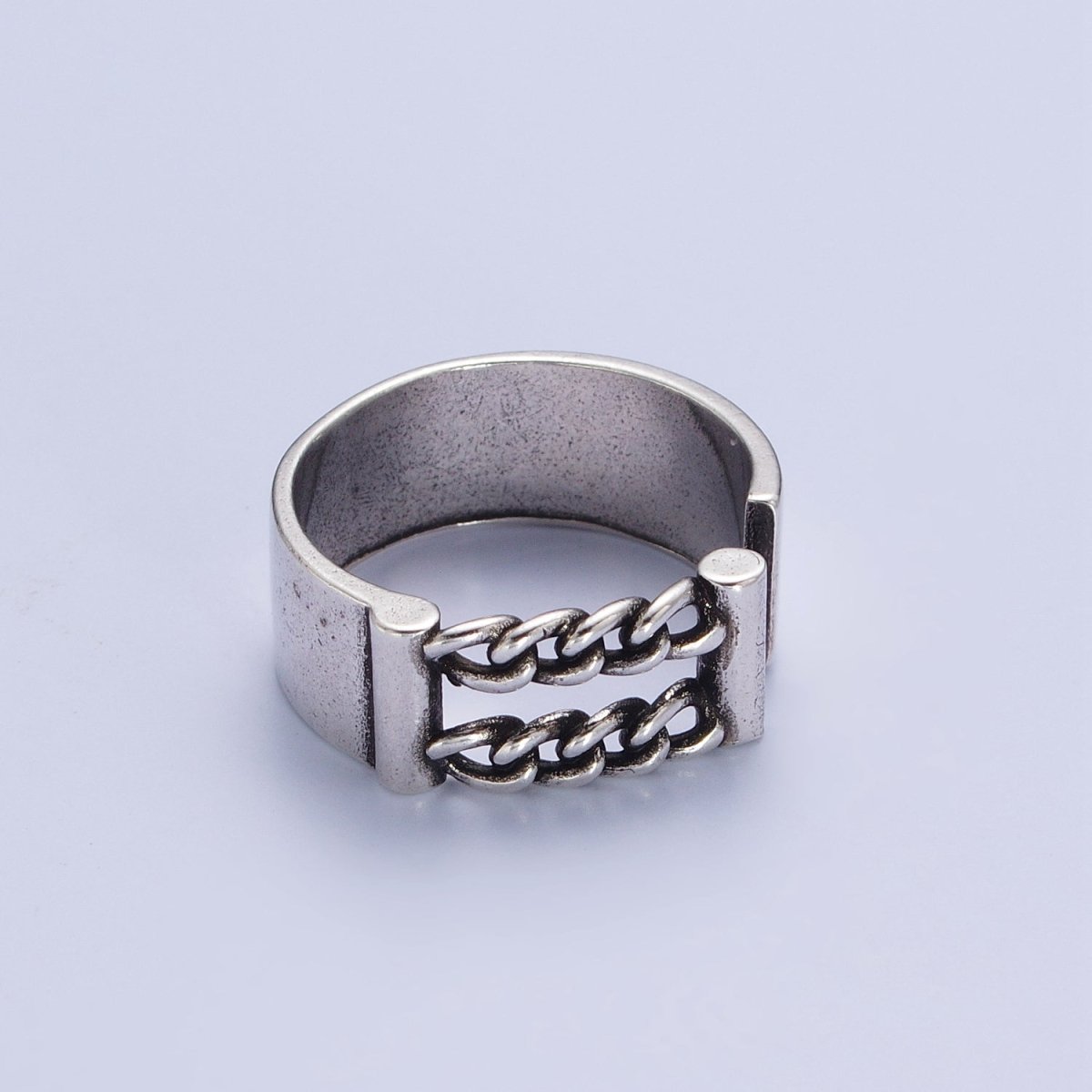 Antique Silver Double Curb Chain Link Open Wide Thick Silver Band | X-554 - DLUXCA