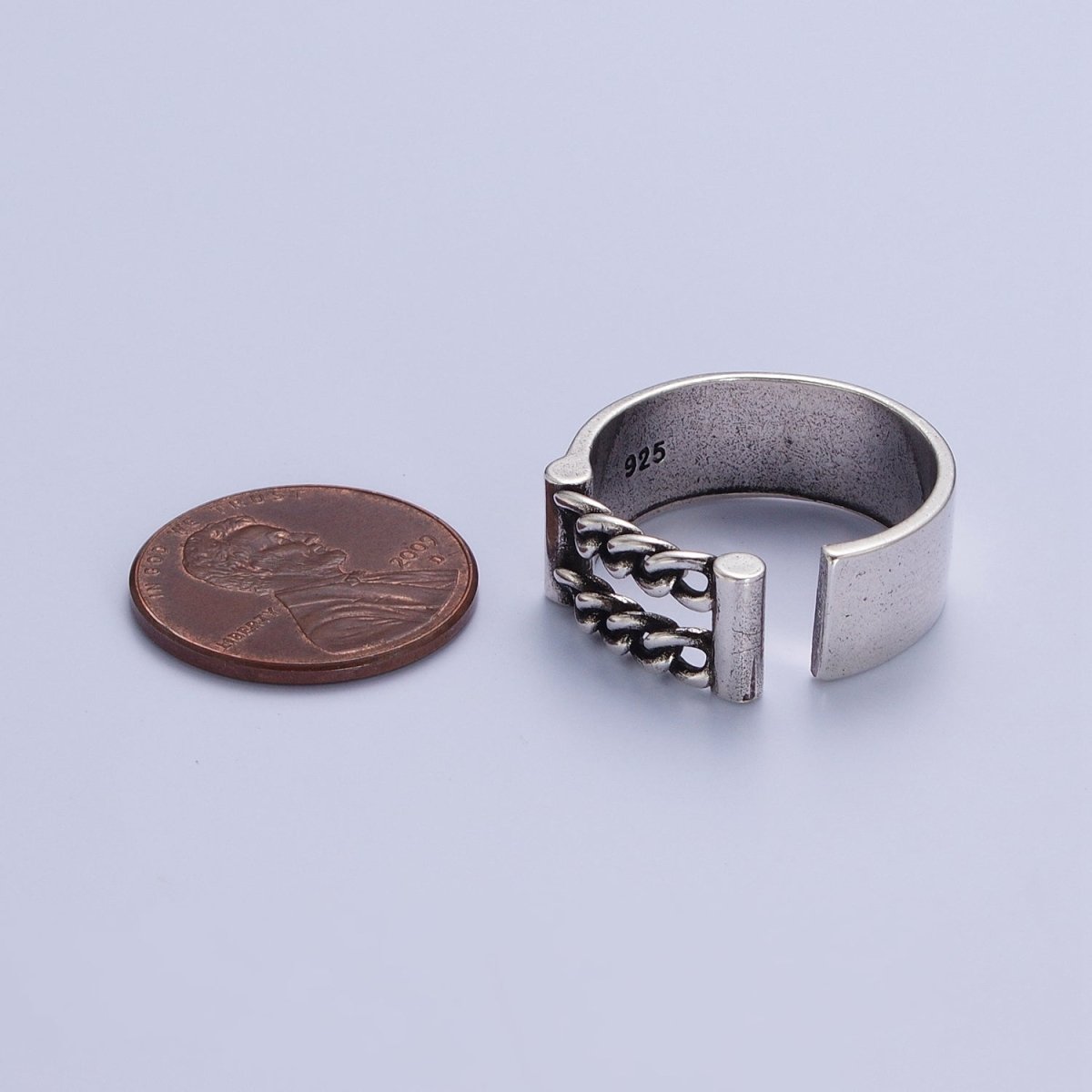 Antique Silver Double Curb Chain Link Open Wide Thick Silver Band | X-554 - DLUXCA