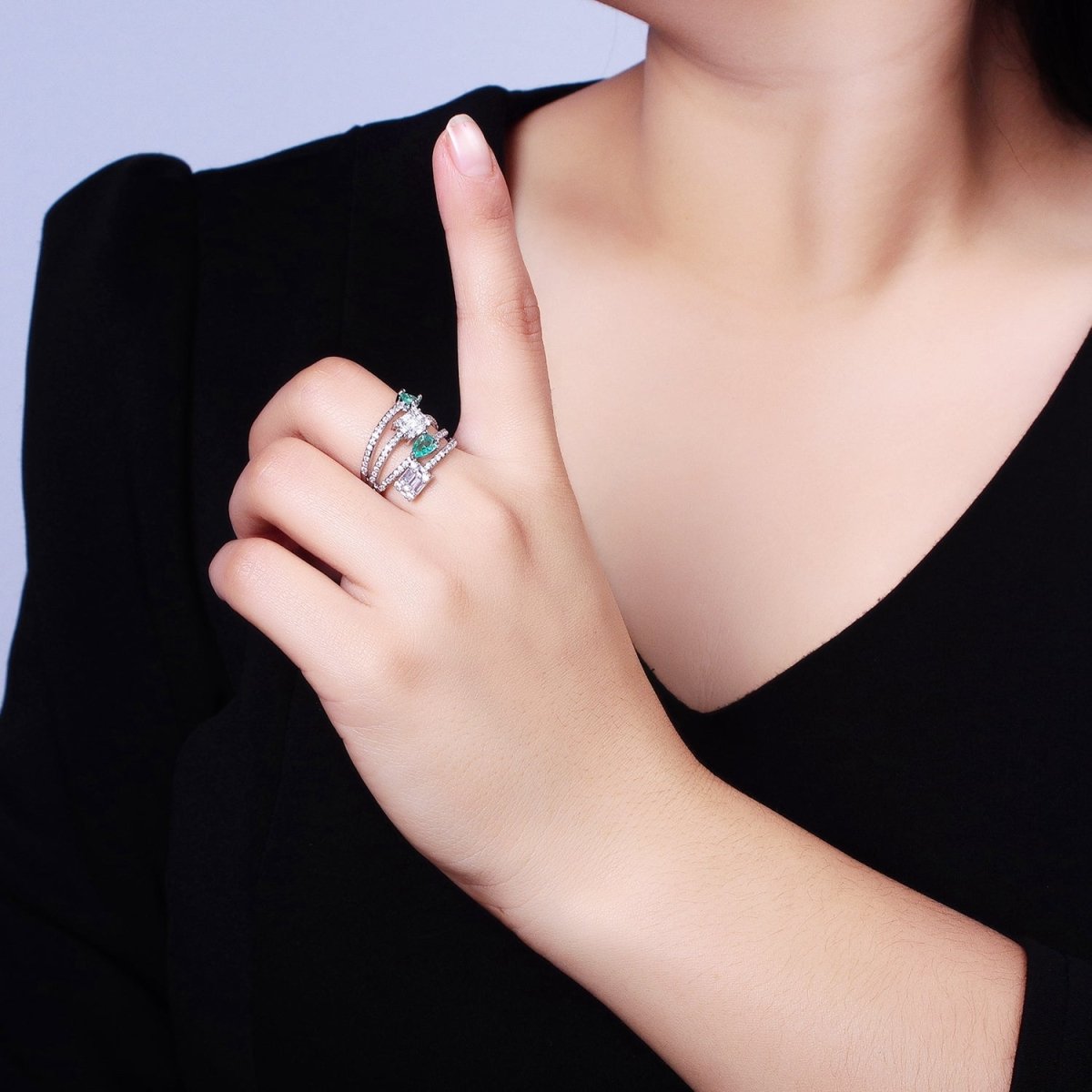 Aqua Tear Drop CZ Micro Paved Gold Wrap Baguette Stacking Ring O-1513 O-1514