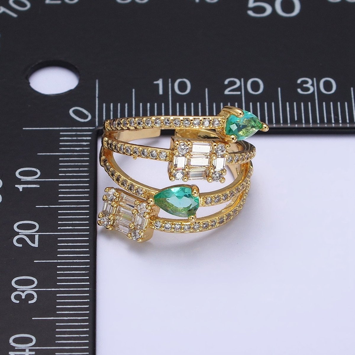 Aqua Tear Drop CZ Micro Paved Gold Wrap Baguette Stacking Ring O-1513 O-1514
