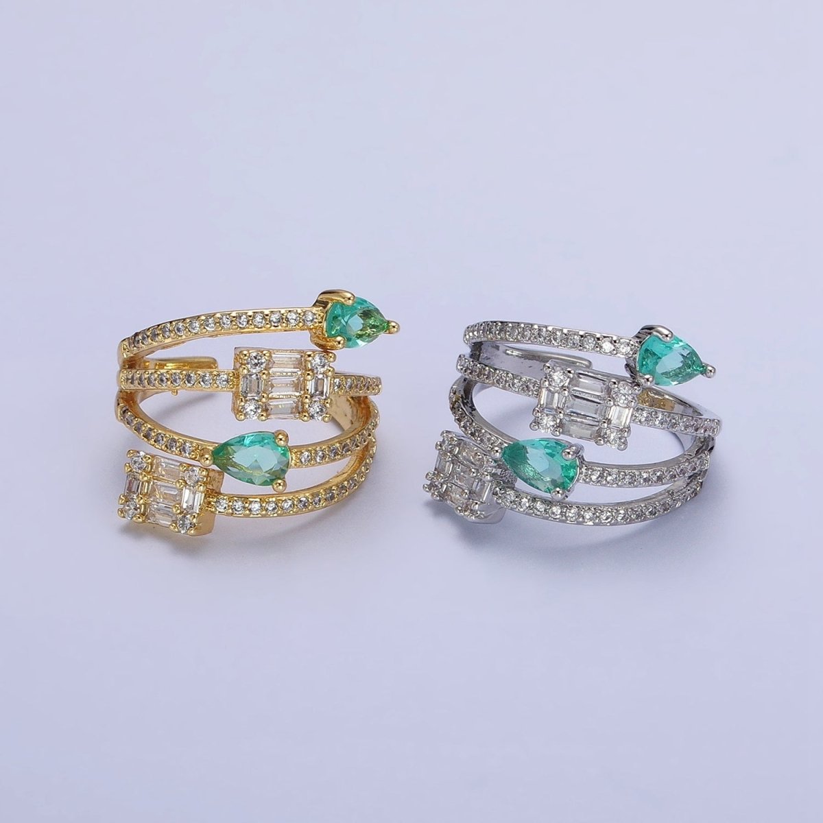 Aqua Tear Drop CZ Micro Paved Gold Wrap Baguette Stacking Ring O-1513 O-1514