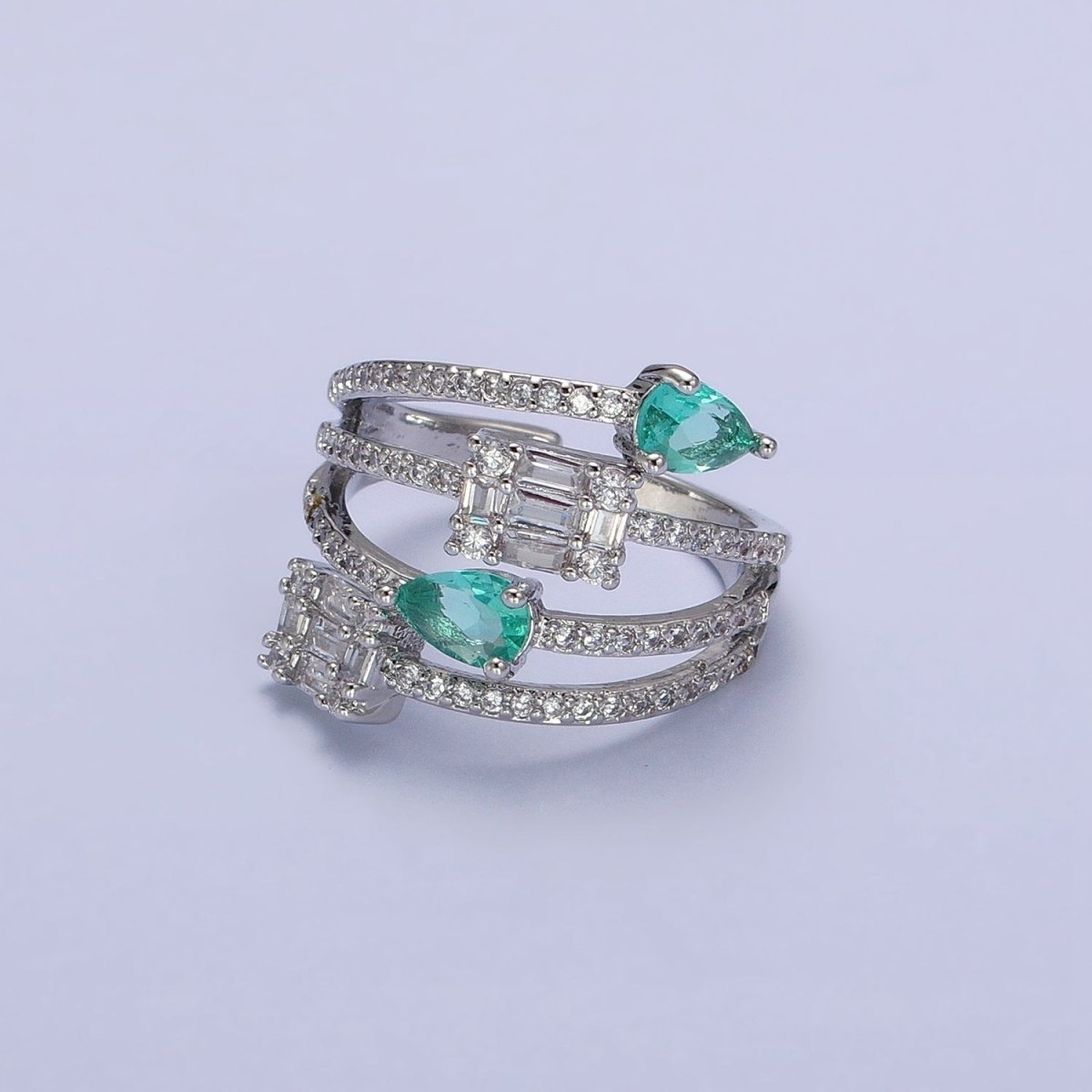 Aqua Tear Drop CZ Micro Paved Gold Wrap Baguette Stacking Ring O-1513 O-1514