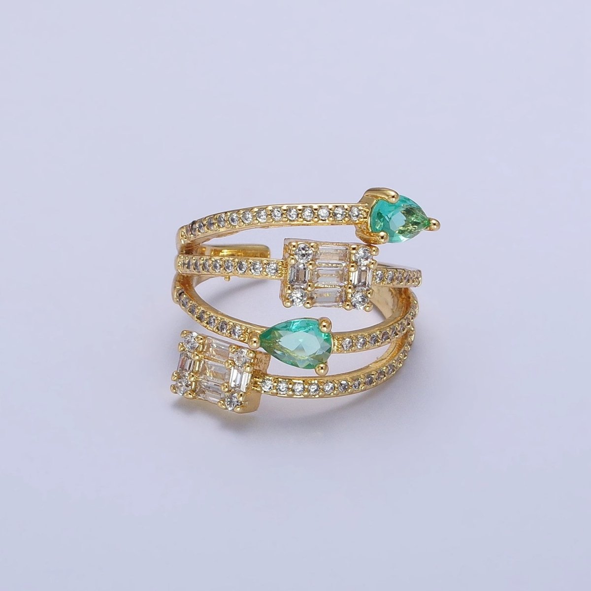 Aqua Tear Drop CZ Micro Paved Gold Wrap Baguette Stacking Ring O-1513 O-1514