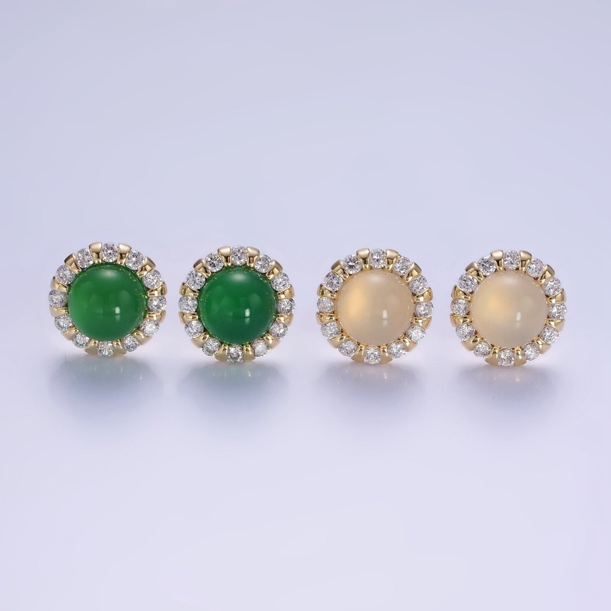 Aventurine, Cats Eye Gemstone CZ Round Stud Earrings in Gold & Silver | V536 - V538