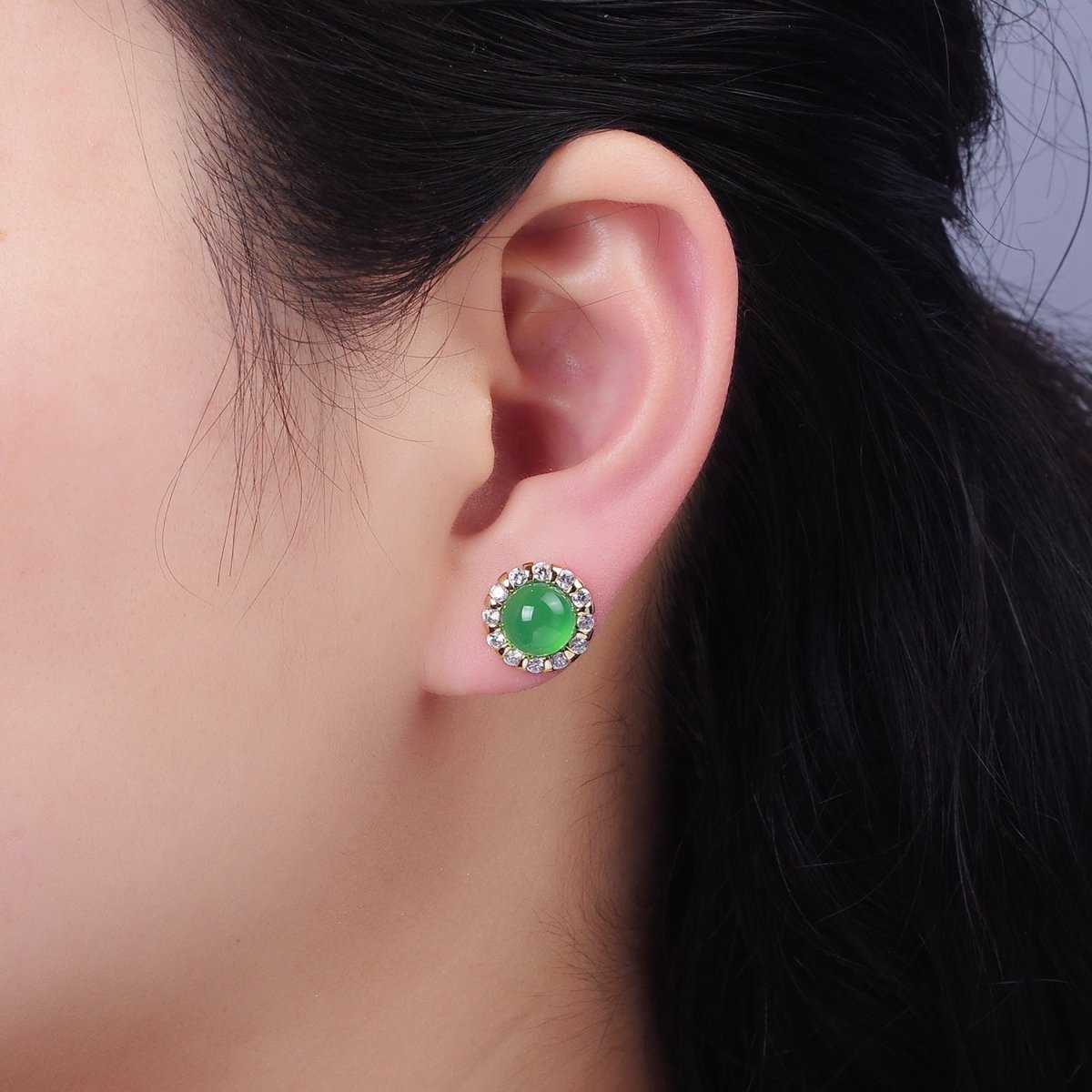 Aventurine, Cats Eye Gemstone CZ Round Stud Earrings in Gold & Silver | V536 - V538