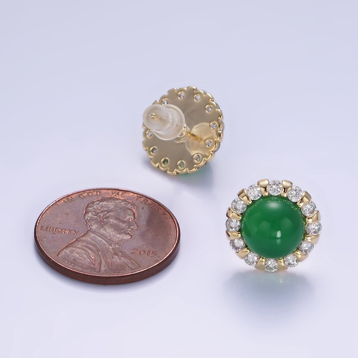 Aventurine, Cats Eye Gemstone CZ Round Stud Earrings in Gold & Silver | V536 - V538