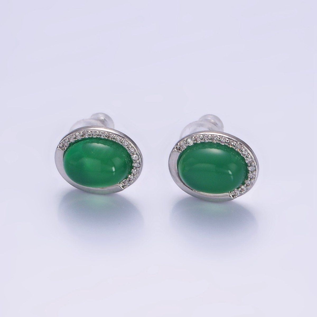 Aventurine Micro Paved CZ Oval Stud Earrings in Gold & Silver | V522 V523