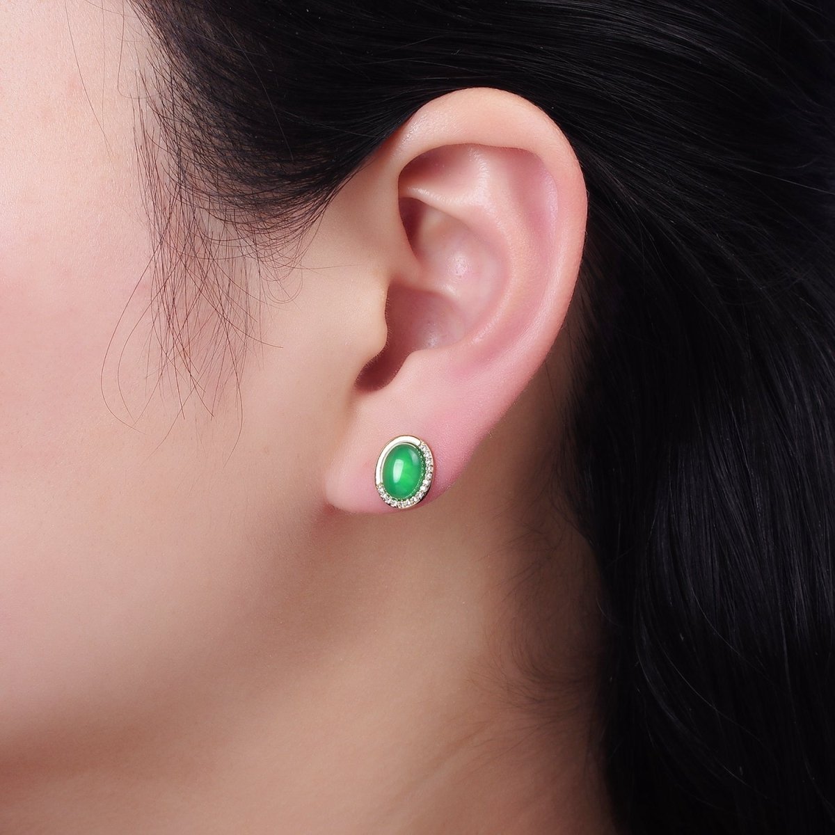 Aventurine Micro Paved CZ Oval Stud Earrings in Gold & Silver | V522 V523