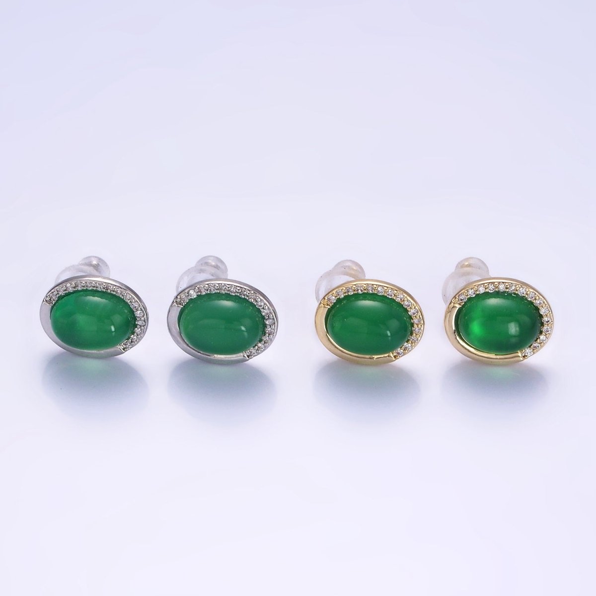 Aventurine Micro Paved CZ Oval Stud Earrings in Gold & Silver | V522 V523