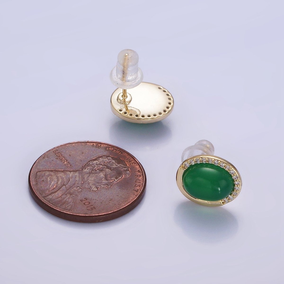 Aventurine Micro Paved CZ Oval Stud Earrings in Gold & Silver | V522 V523