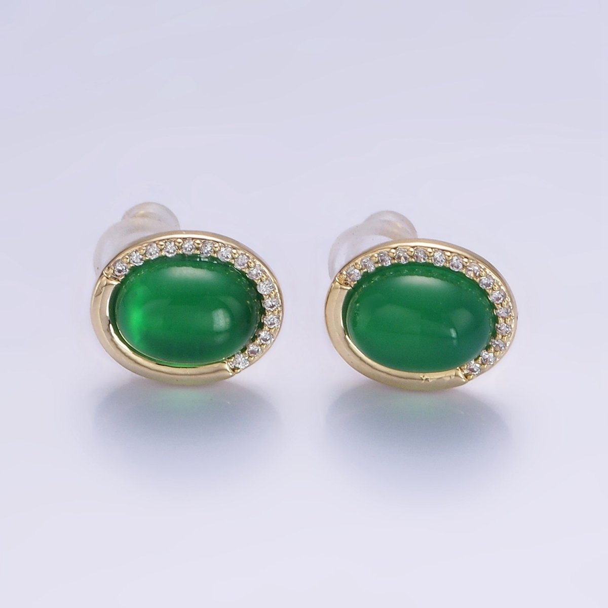 Aventurine Micro Paved CZ Oval Stud Earrings in Gold & Silver | V522 V523