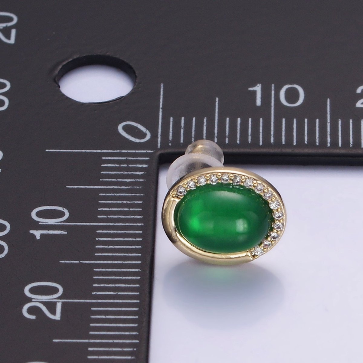 Aventurine Micro Paved CZ Oval Stud Earrings in Gold & Silver | V522 V523