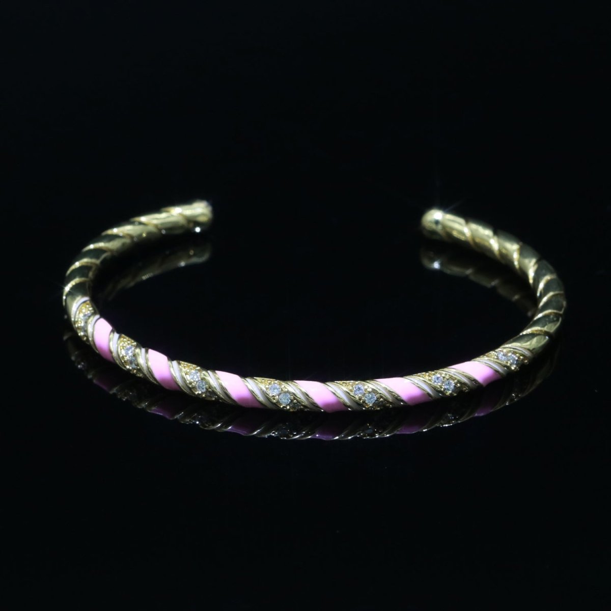 Baby Pink Enamel Geometric Swirl Gold Filled Bangle Open Adjustable Bracelet Vintage Style Inspired | WA-119 Clearance Pricing