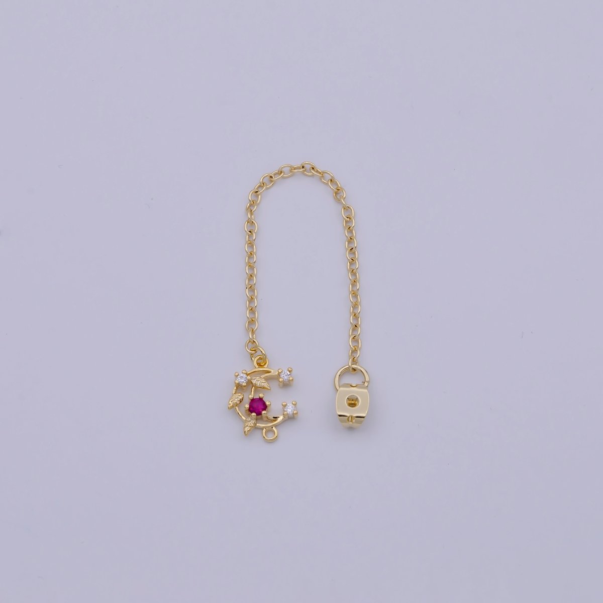 Back stopper w/ chain Pink Crescent Moon Charm 2 pcs Gold Filled Nickel free, Butterfly clutch chain Dainty earring back K-187 - DLUXCA