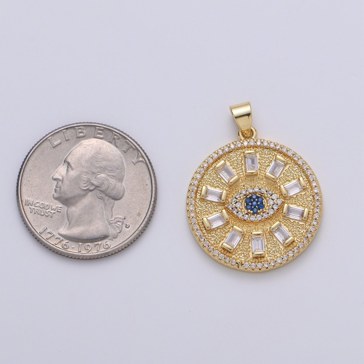 Baguette & Blue Evil Eye Cluster CZ Round Pendant, Cubic Zirconia Disc Pendant, Solar Charm, Round charm Necklace Charm J-049