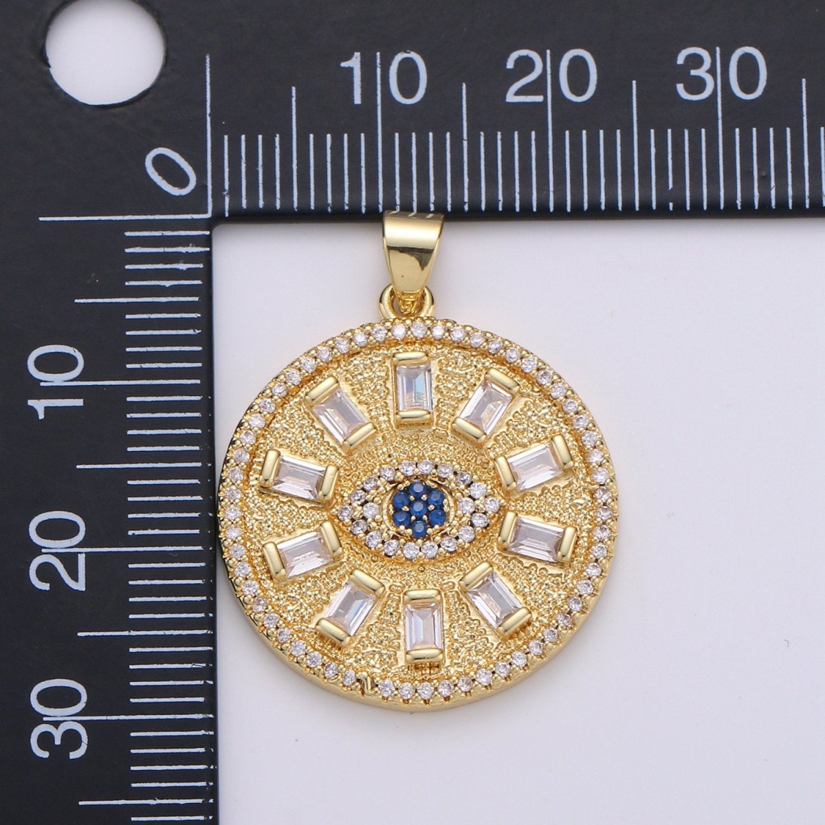 Baguette & Blue Evil Eye Cluster CZ Round Pendant, Cubic Zirconia Disc Pendant, Solar Charm, Round charm Necklace Charm J-049