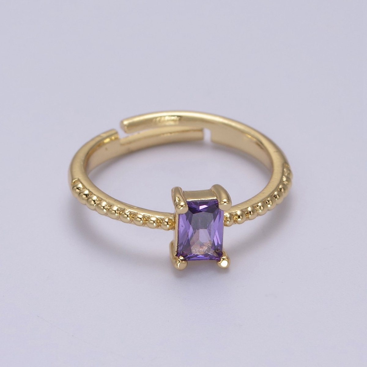 Baguette Crystal Zirconia Dainty 24K Gold Filled Adjustable Solitaire Ring with Beaded Band U-294, U296, U298, U-299