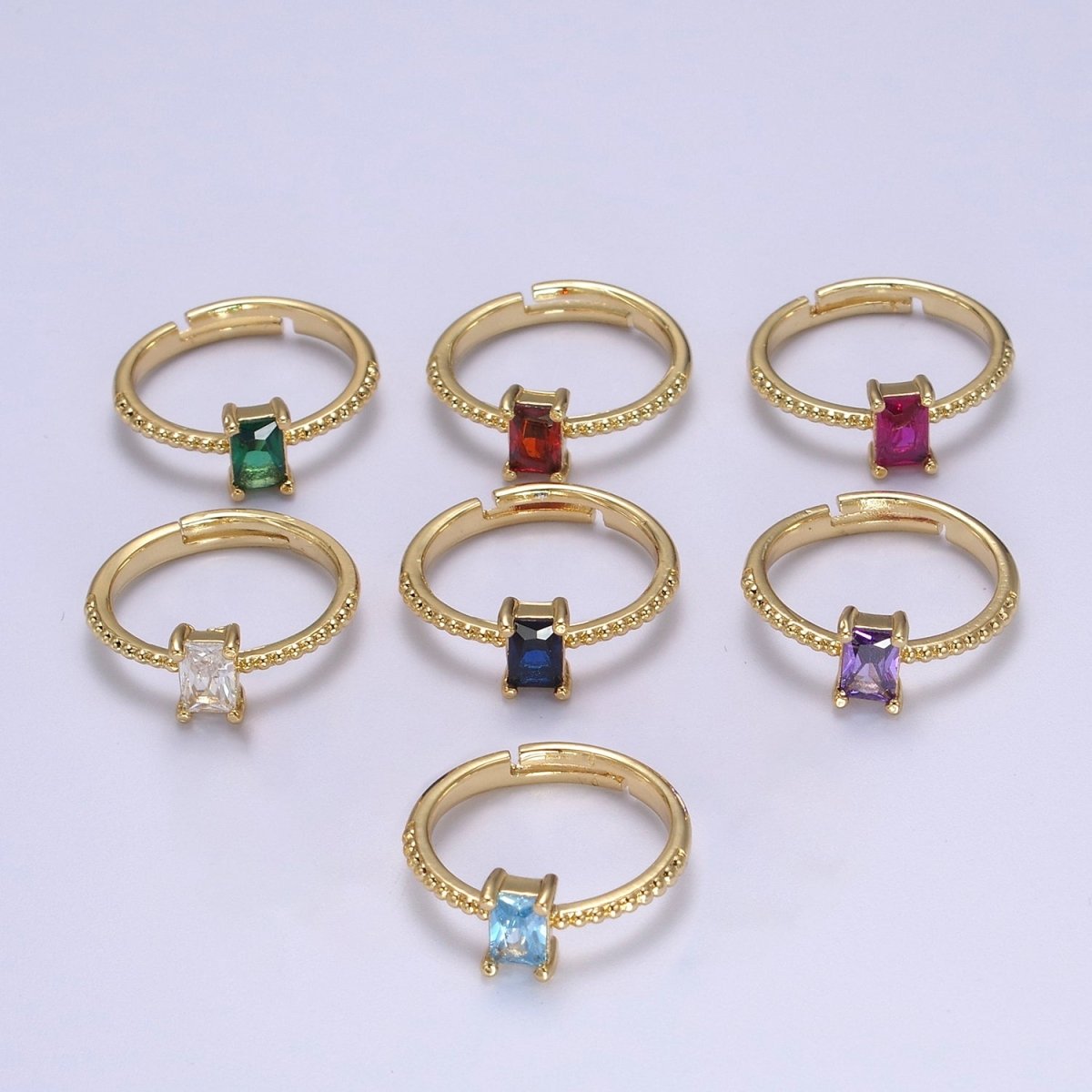 Baguette Crystal Zirconia Dainty 24K Gold Filled Adjustable Solitaire Ring with Beaded Band U-294, U296, U298, U-299