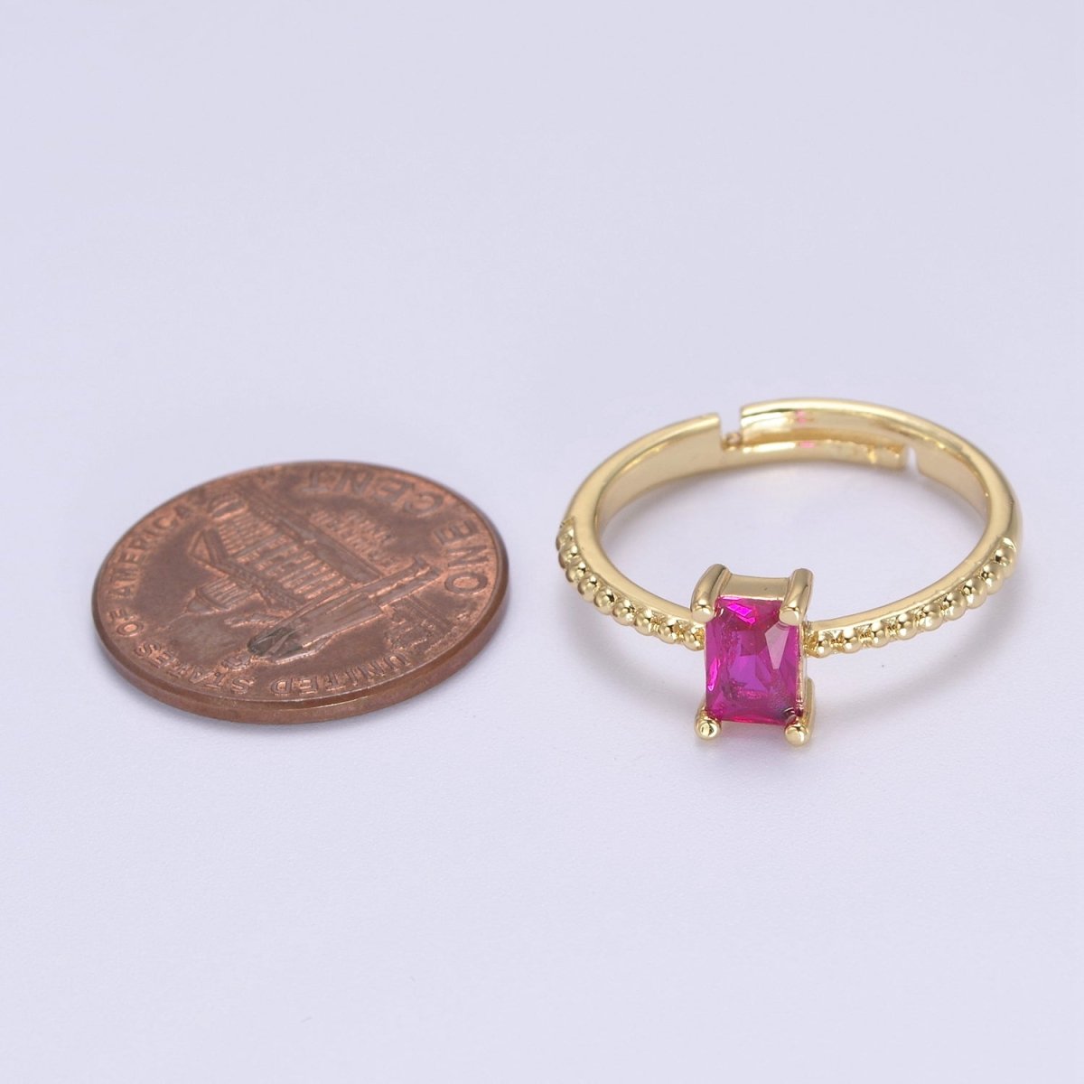 Baguette Crystal Zirconia Dainty 24K Gold Filled Adjustable Solitaire Ring with Beaded Band U-294, U296, U298, U-299