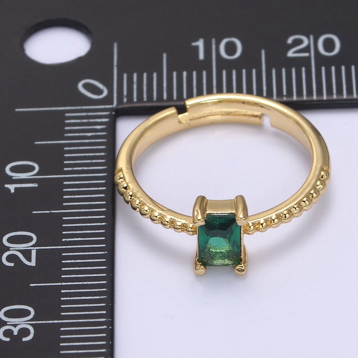 Baguette Crystal Zirconia Dainty 24K Gold Filled Adjustable Solitaire Ring with Beaded Band U-294, U296, U298, U-299