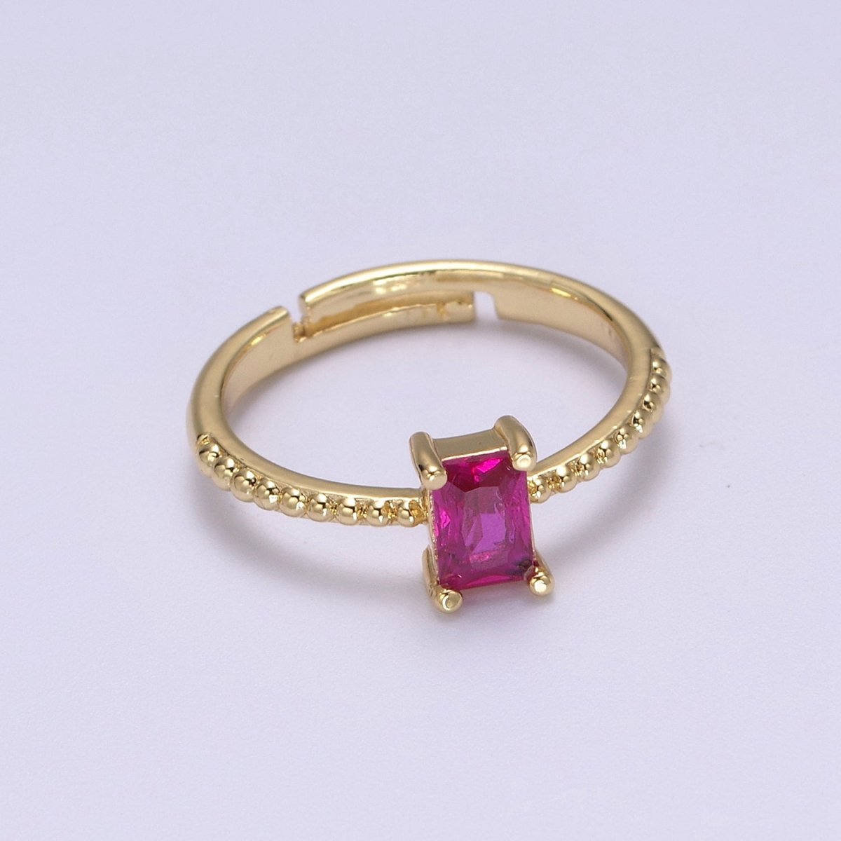 Baguette Crystal Zirconia Dainty 24K Gold Filled Adjustable Solitaire Ring with Beaded Band U-294, U296, U298, U-299