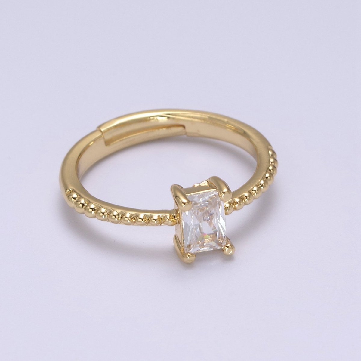 Baguette Crystal Zirconia Dainty 24K Gold Filled Adjustable Solitaire Ring with Beaded Band U-294, U296, U298, U-299