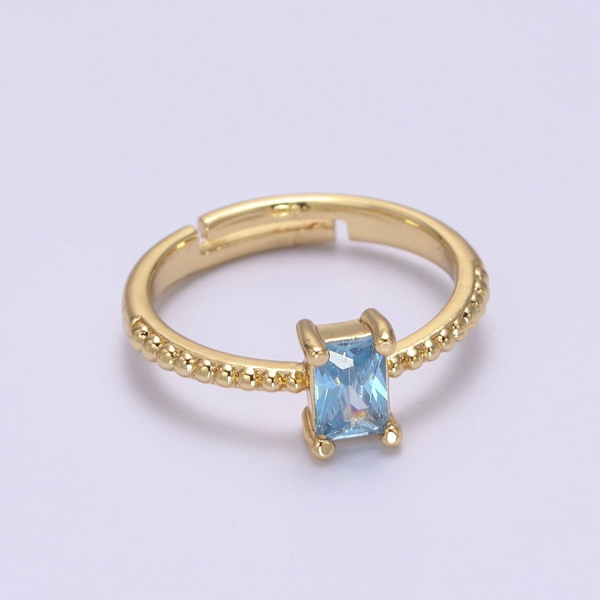 Baguette Crystal Zirconia Dainty 24K Gold Filled Adjustable Solitaire Ring with Beaded Band U-294, U296, U298, U-299