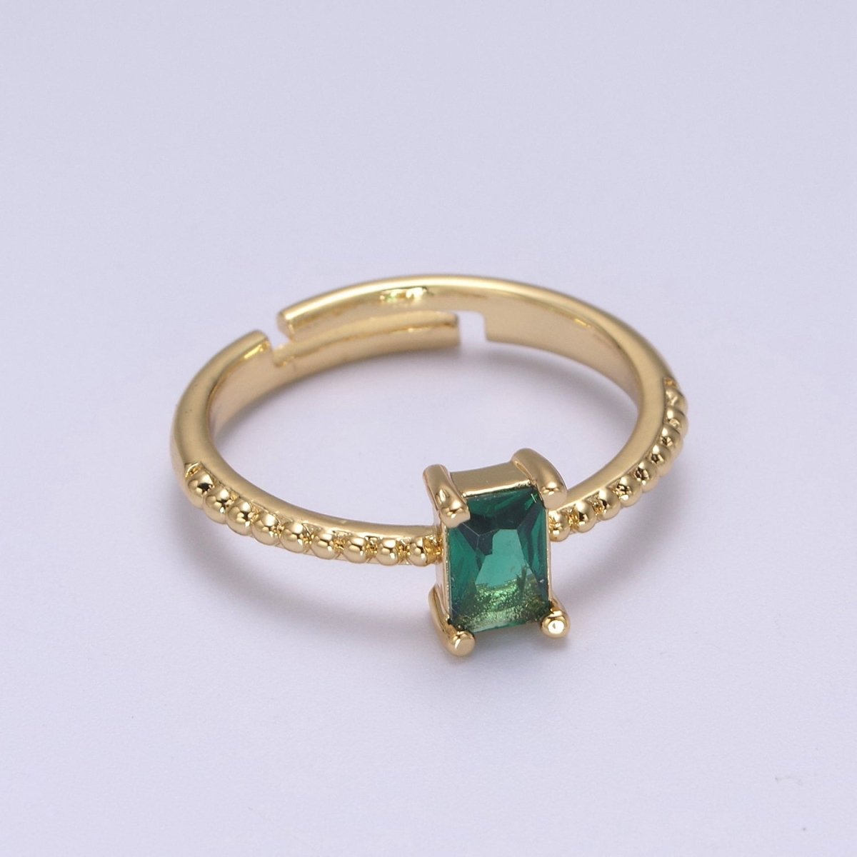 Baguette Crystal Zirconia Dainty 24K Gold Filled Adjustable Solitaire Ring with Beaded Band U-294, U296, U298, U-299
