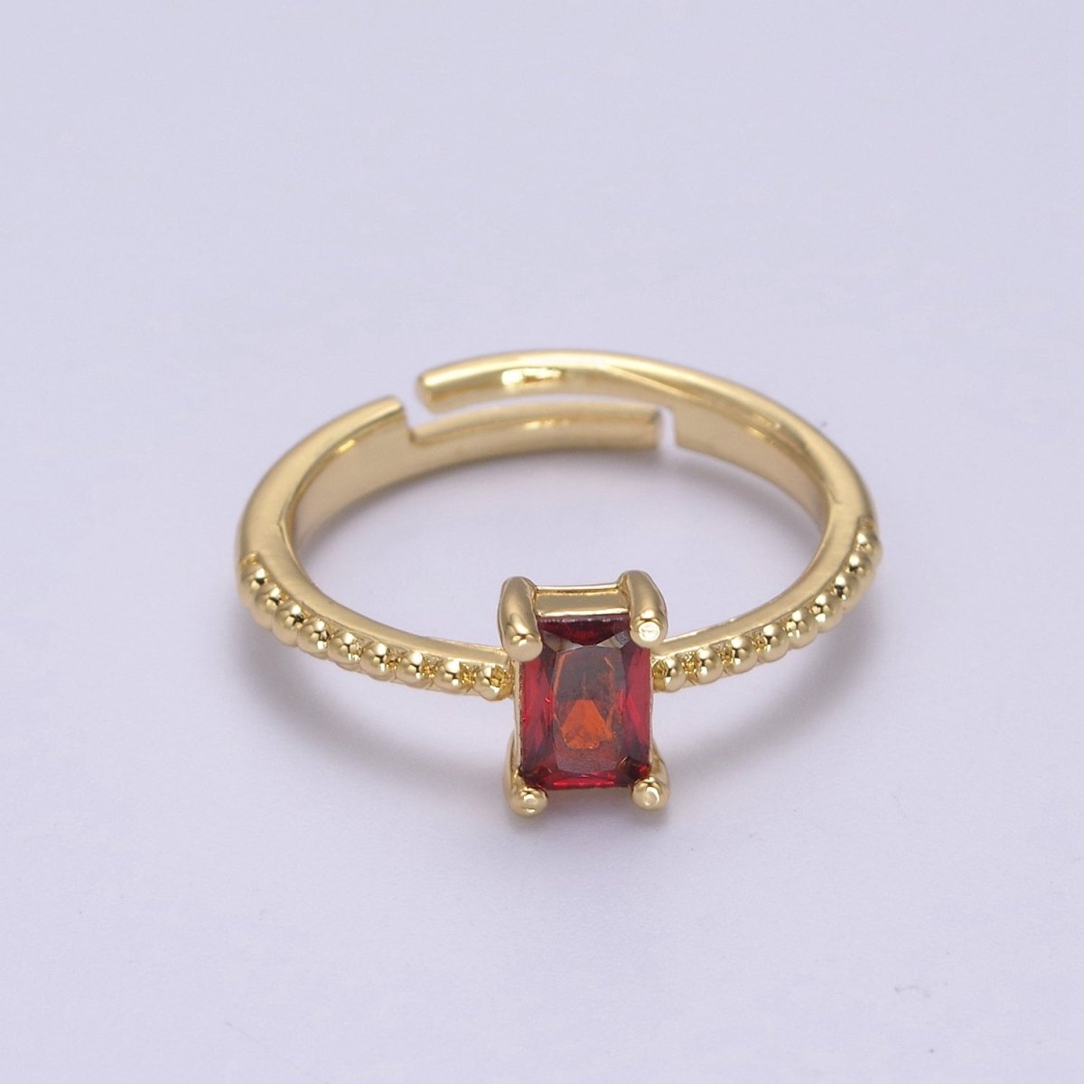 Baguette Crystal Zirconia Dainty 24K Gold Filled Adjustable Solitaire Ring with Beaded Band U-294, U296, U298, U-299