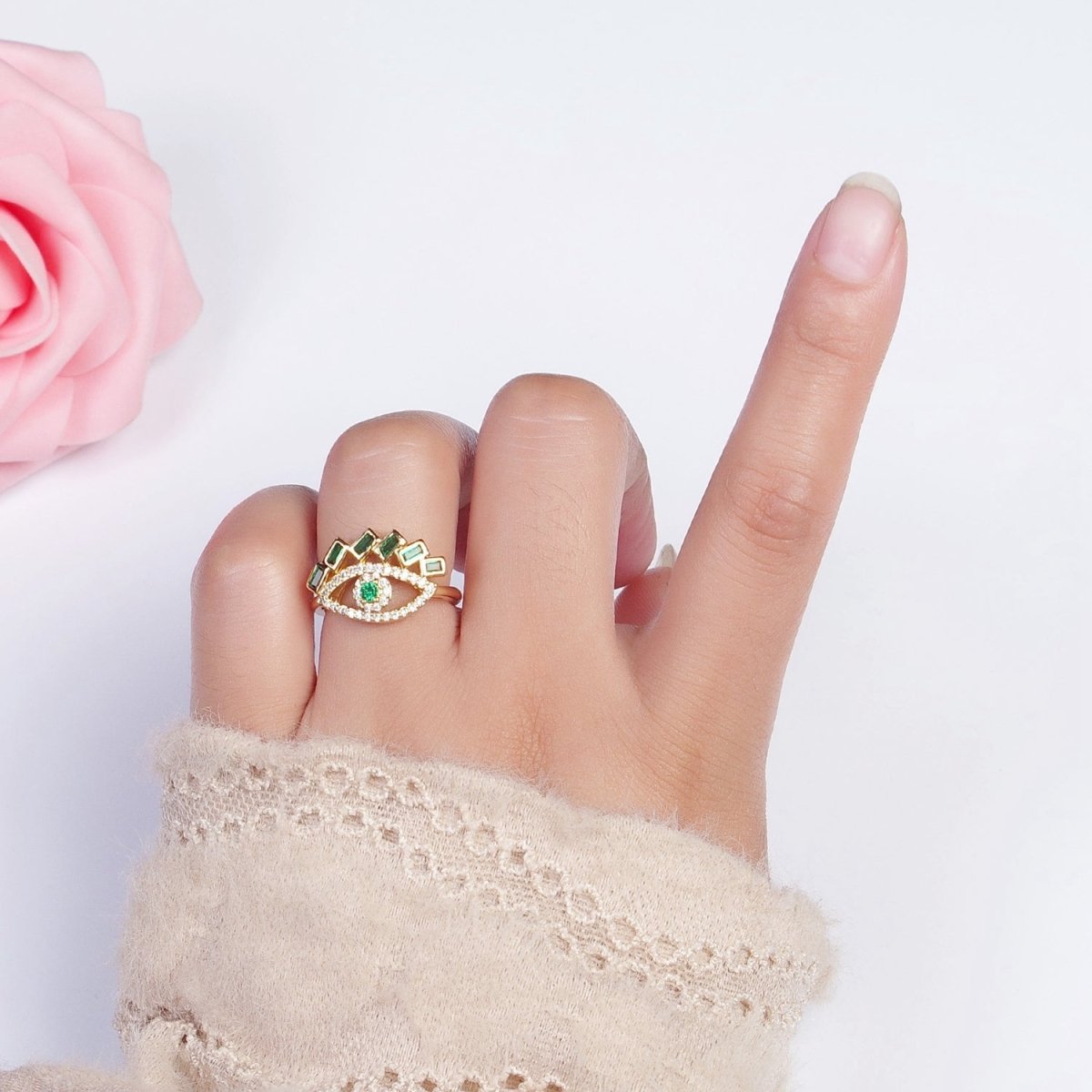 Baguette Ring Green Teal CZ Ring 16K Gold Filled Stackable Trendy Evil Eye Ring Jewelry Open Adjustable Ring R-325 R-499