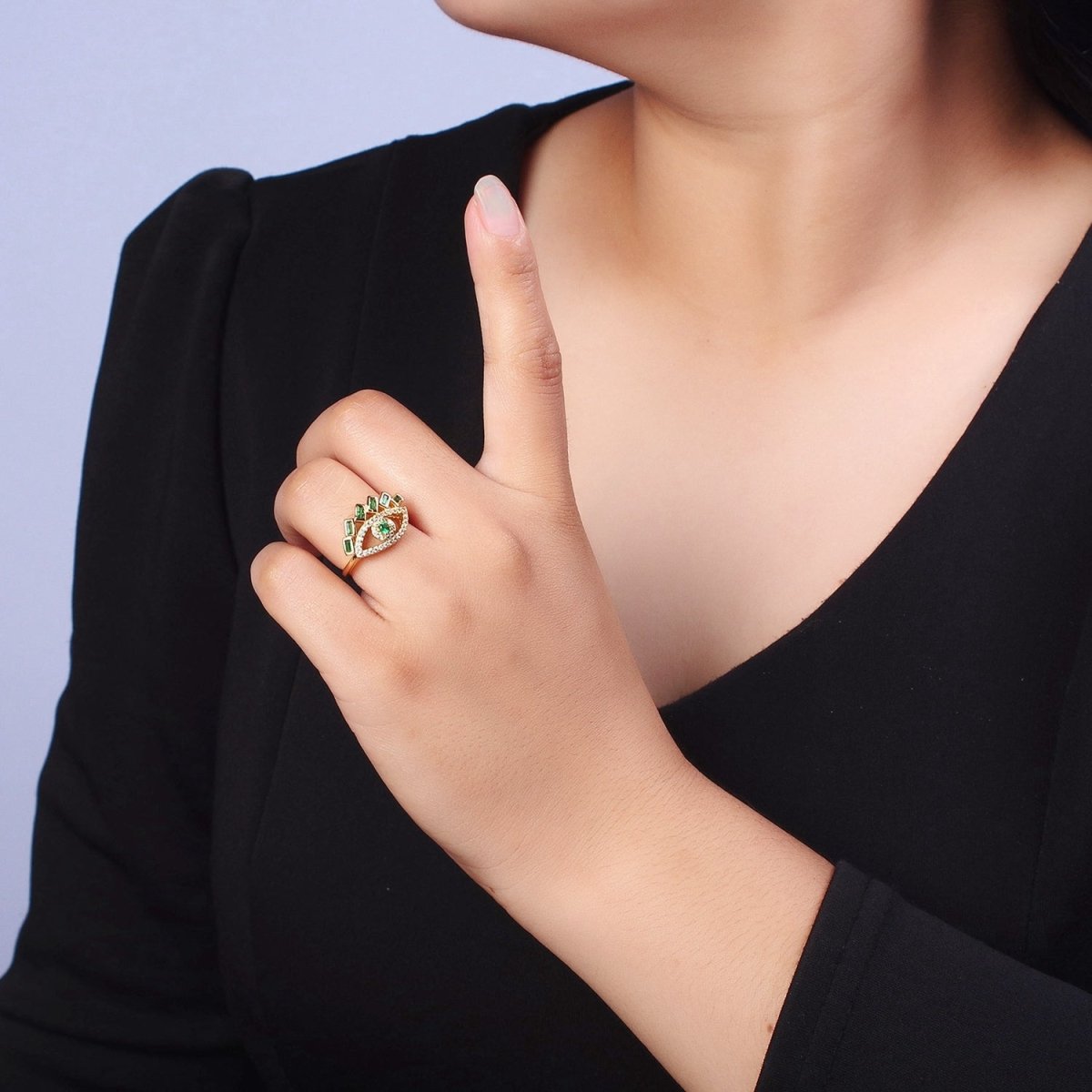 Baguette Ring Green Teal CZ Ring 16K Gold Filled Stackable Trendy Evil Eye Ring Jewelry Open Adjustable Ring R-325 R-499
