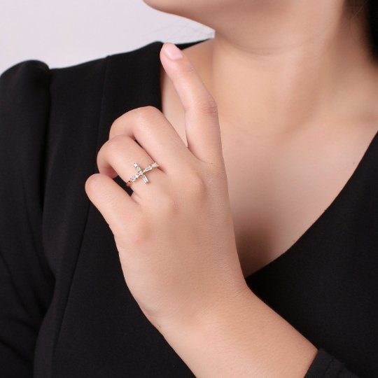 Baguette Side Cross Ring - Gold Cross Ring - Stacking Rings - Sideway Cross Ring - Cross Jewelry - Religious Jewelry - Sign Micro Pave ring R-050